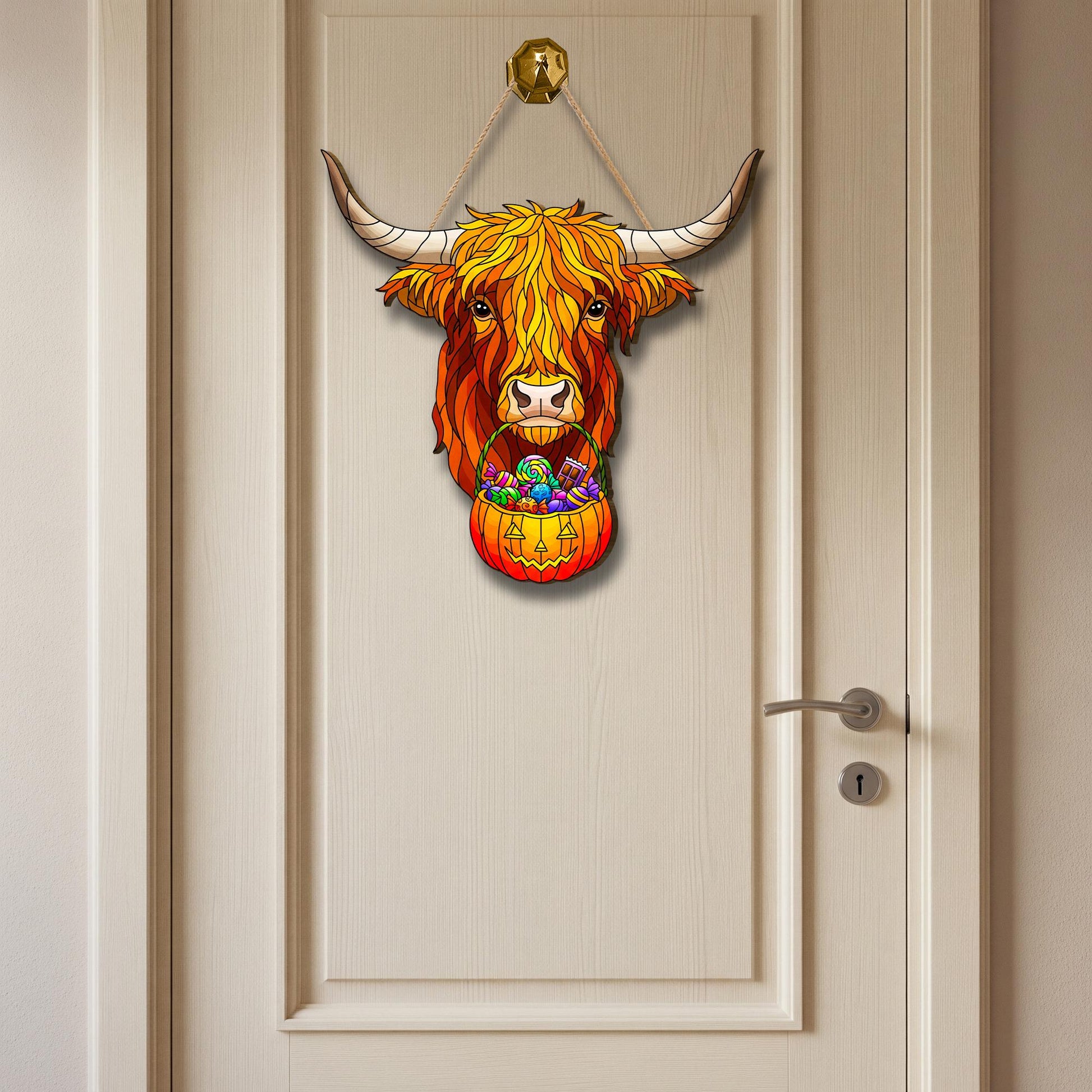 Highland Cow Halloween Door Hanger: Farmhouse Pumpkin Candy Holder
