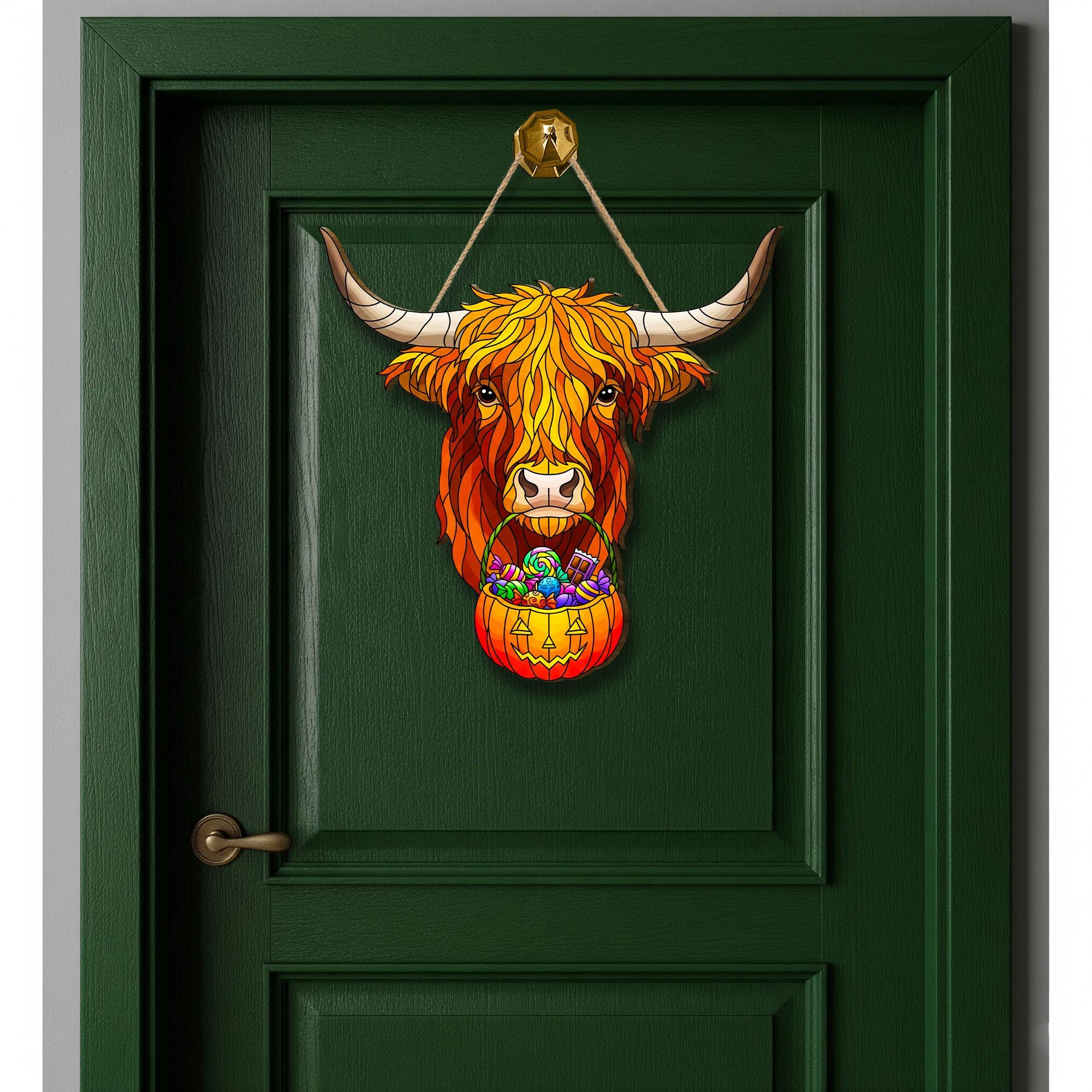 Highland Cow Halloween Door Hanger: Farmhouse Pumpkin Candy Holder
