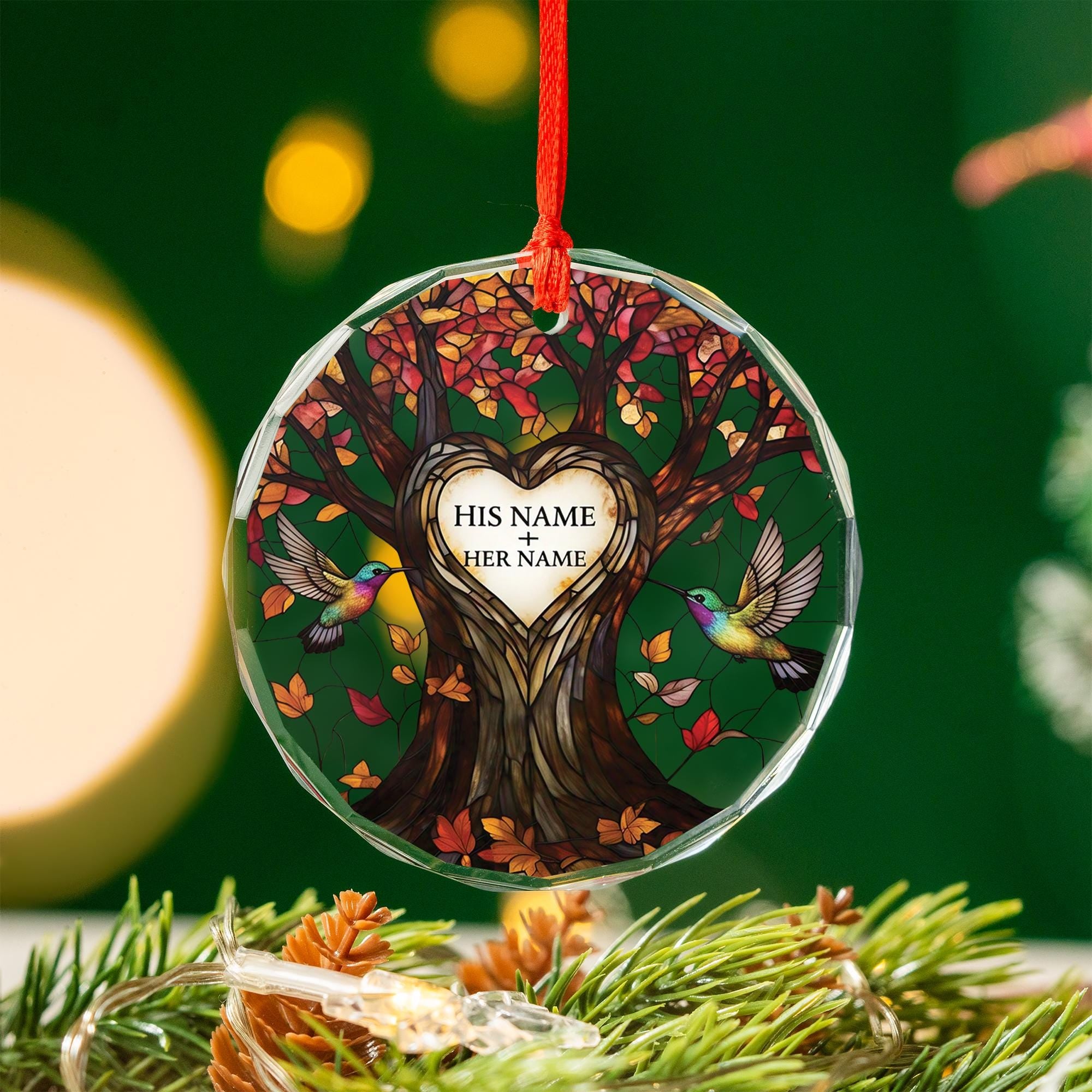 Hummingbird Glass Ornament, Personalized Couples Tree Decoration, Custom Love Gift Keepsake