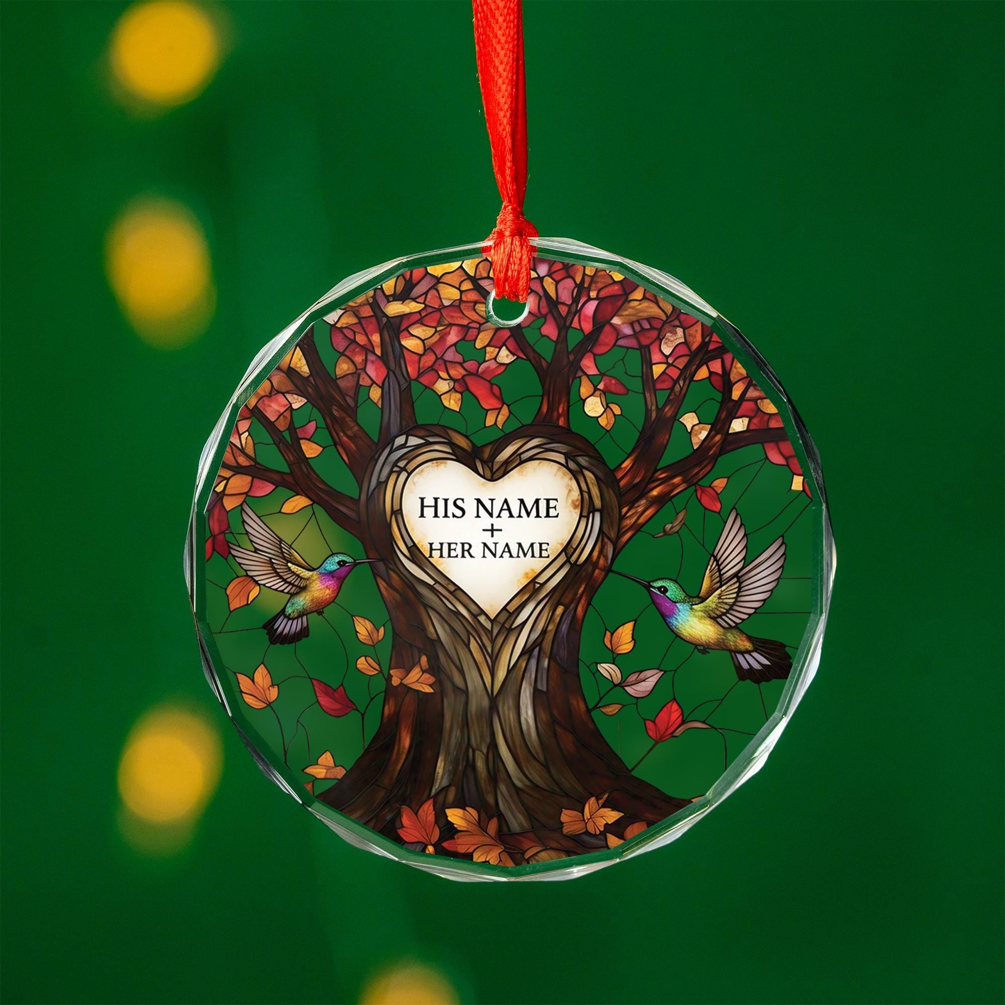 Hummingbird Glass Ornament, Personalized Couples Tree Decoration, Custom Love Gift Keepsake