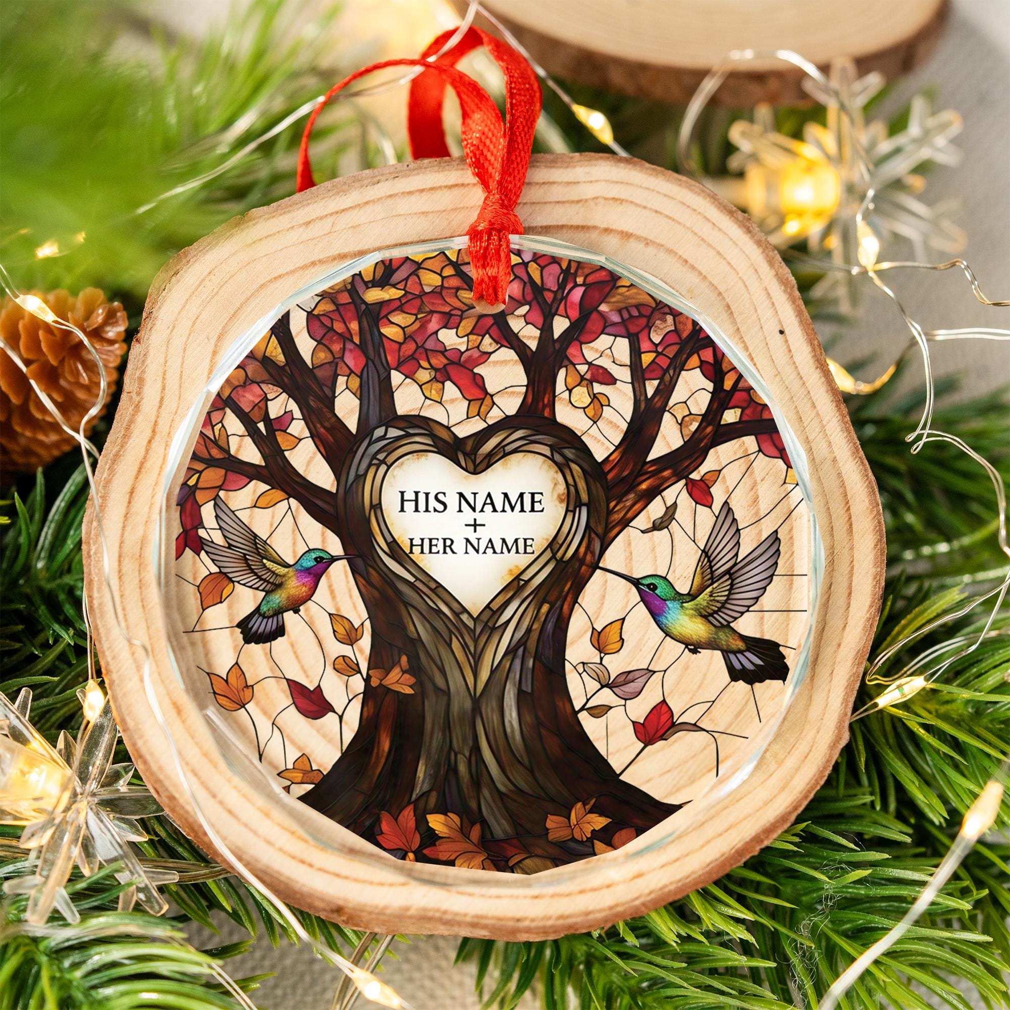 Hummingbird Glass Ornament, Personalized Couples Tree Decoration, Custom Love Gift Keepsake