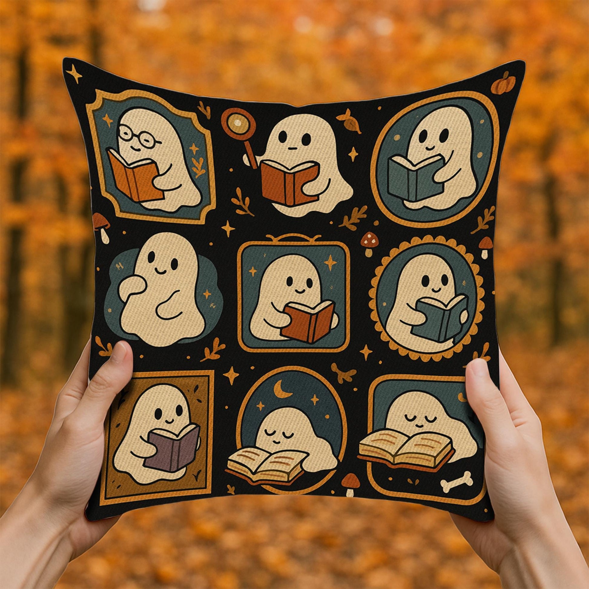 Ghost Reading Pillow, Cute Bookish Halloween Cushion, Spooky Book Lover Decor