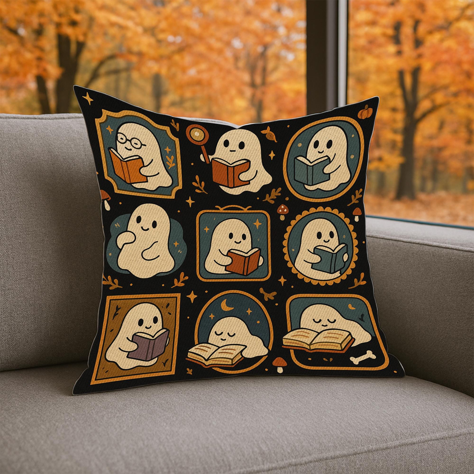Ghost Reading Pillow, Cute Bookish Halloween Cushion, Spooky Book Lover Decor