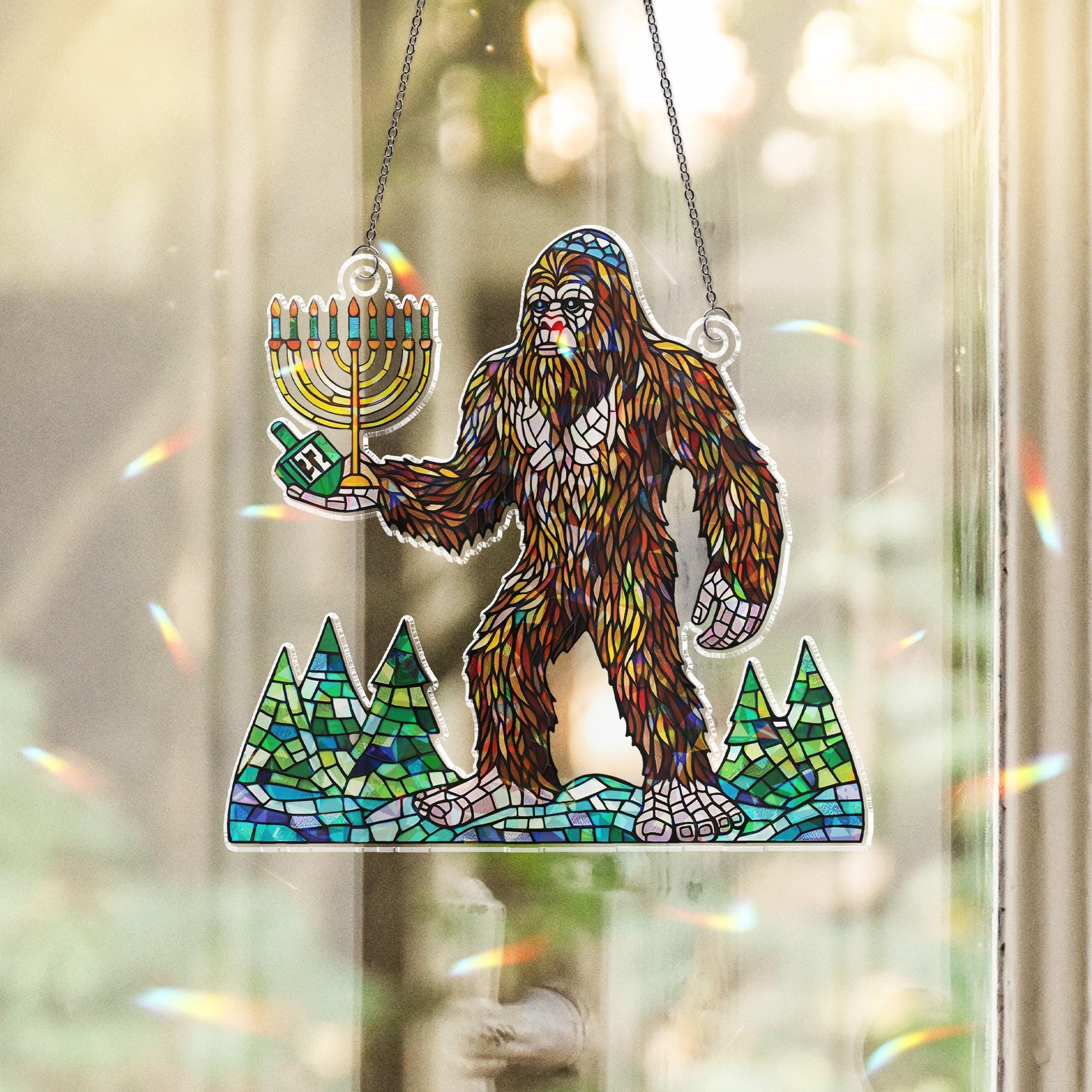 Holographic Bigfoot Hanukkah Ornament: Sasquatch Judaica Window Hanging