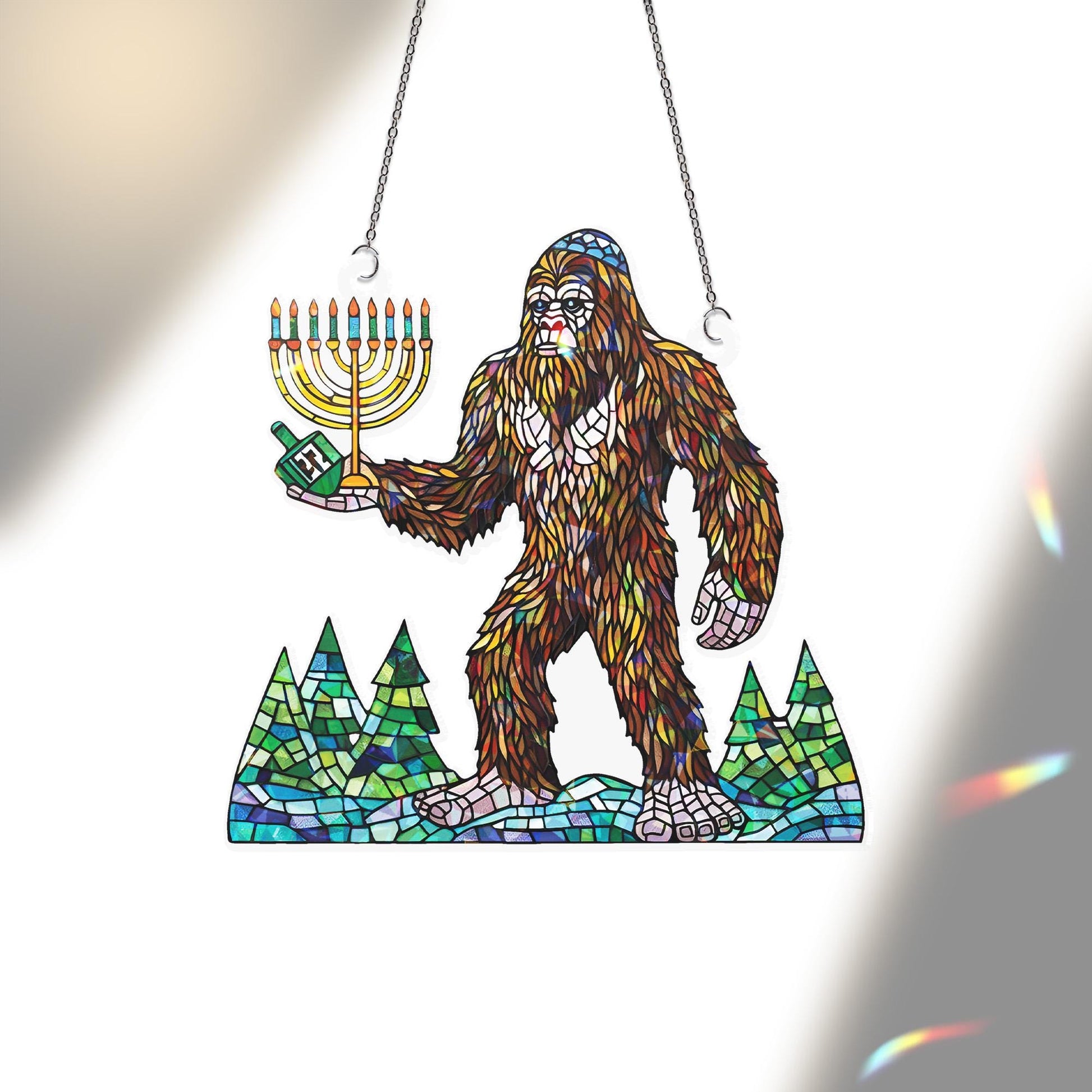 Holographic Bigfoot Hanukkah Ornament: Sasquatch Judaica Window Hanging