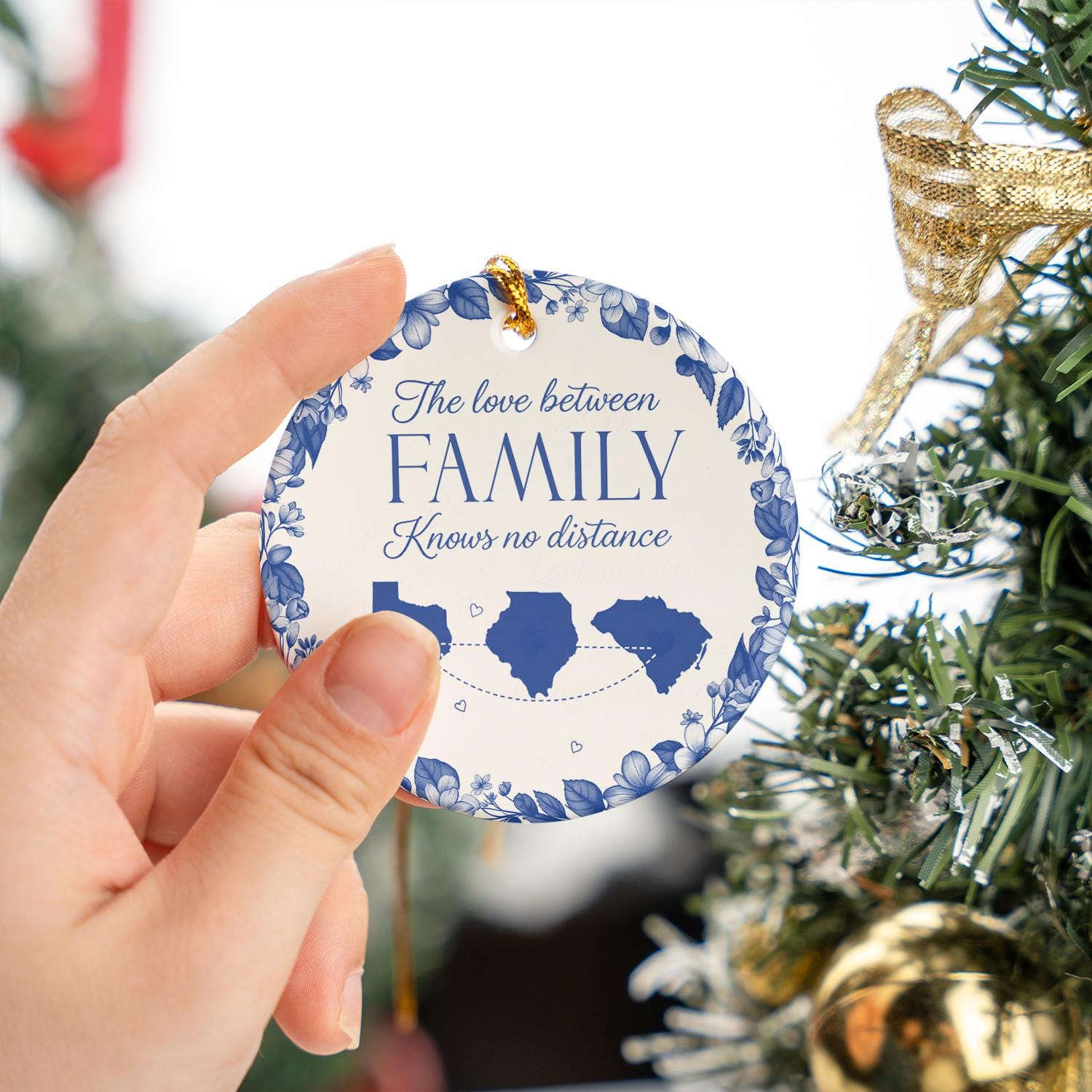 Family Distance Ornament, Personalized State Map Ceramic Decoration, Long Distance Gift