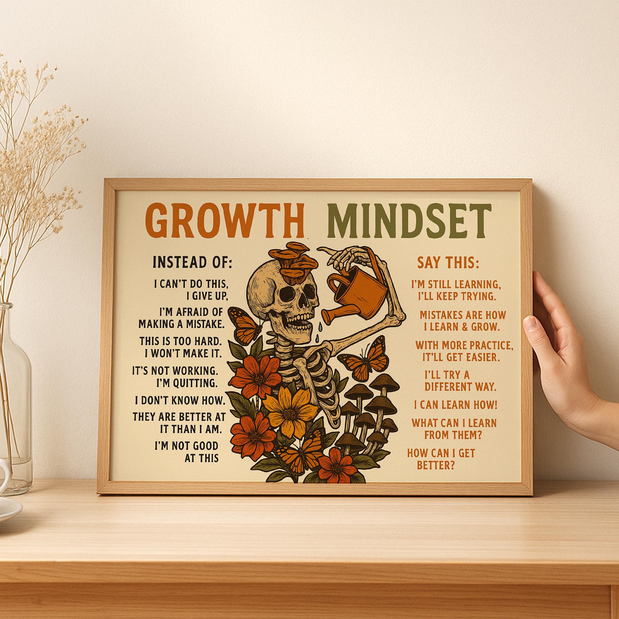 Growth Mindset Skeleton Canvas Art: Motivational Positive Quote Print