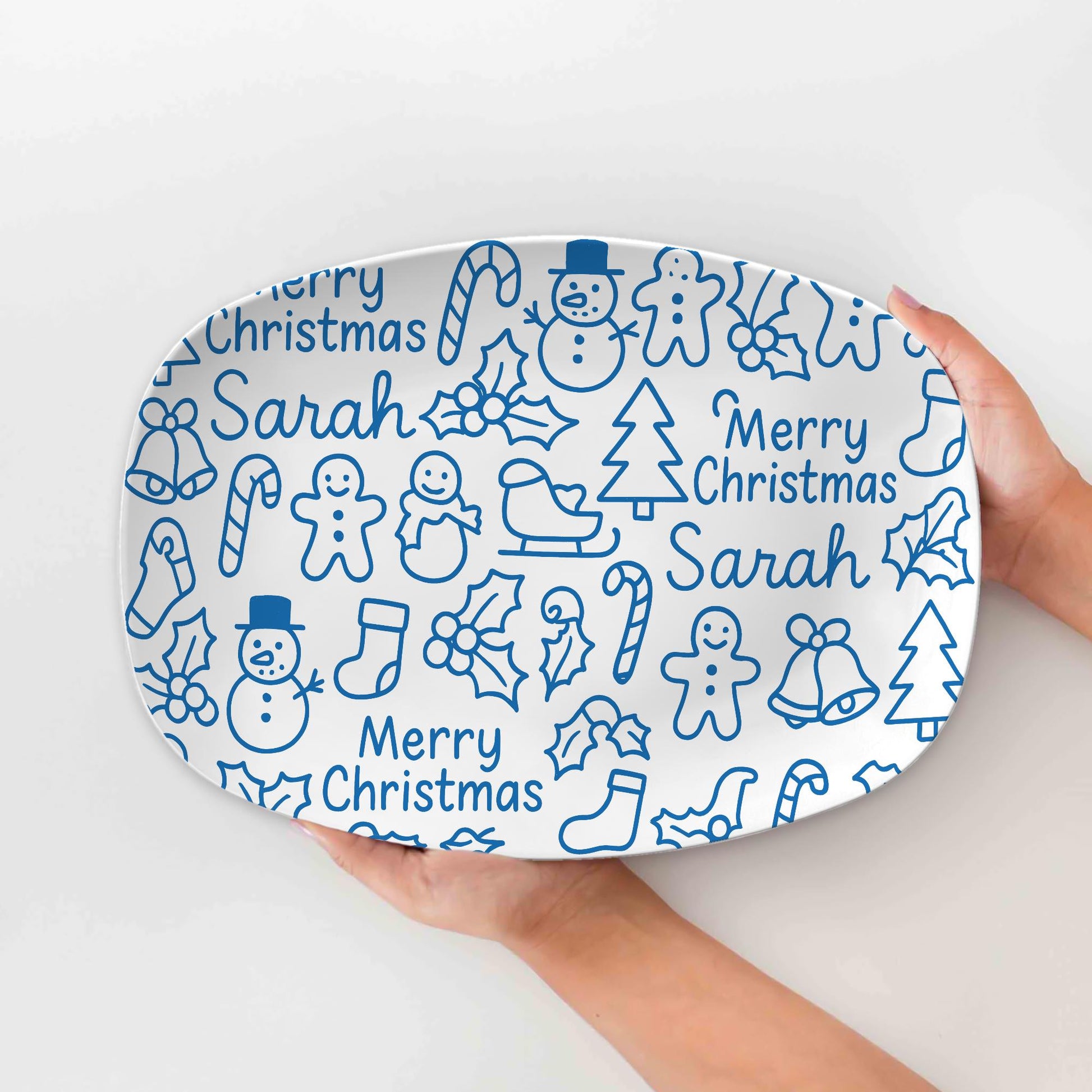 Personalized Christmas Platter: Blue Doodle Holiday Serving Tray