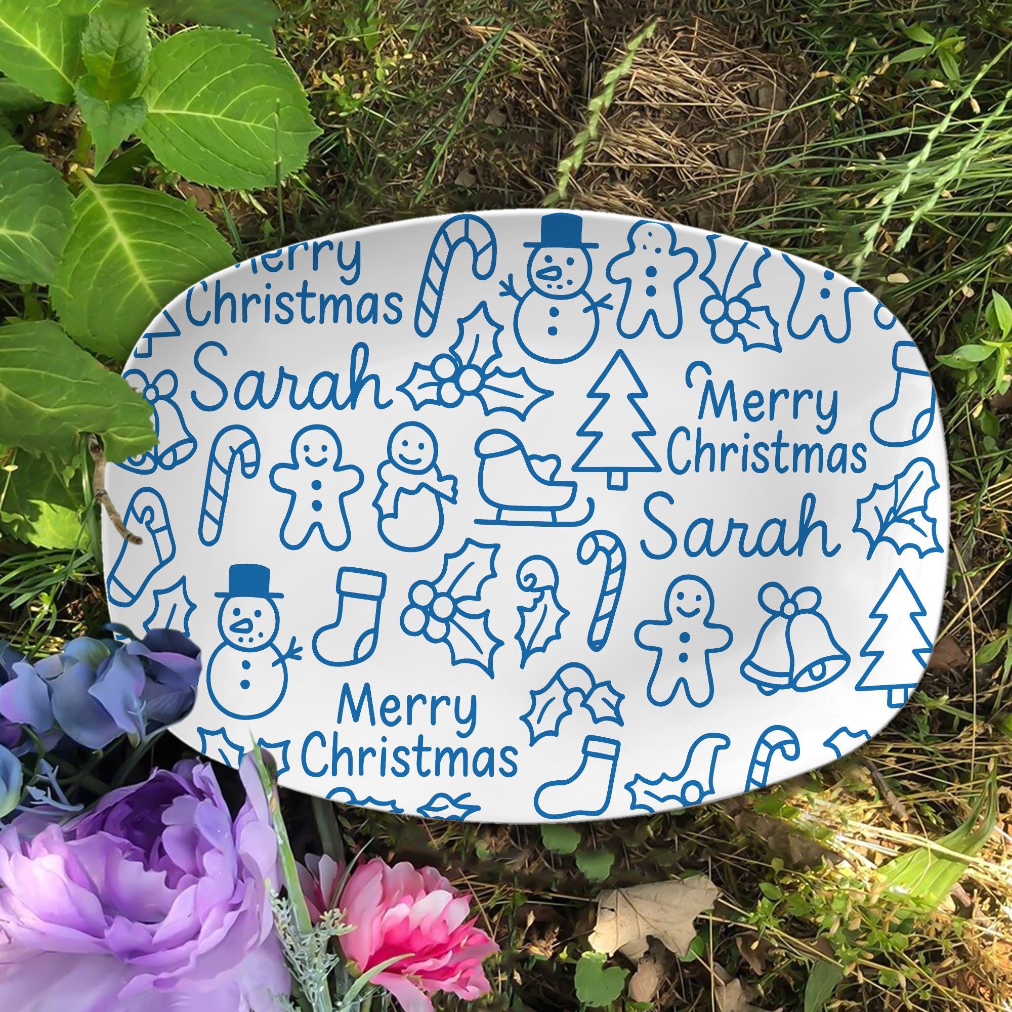 Personalized Christmas Platter: Blue Doodle Holiday Serving Tray