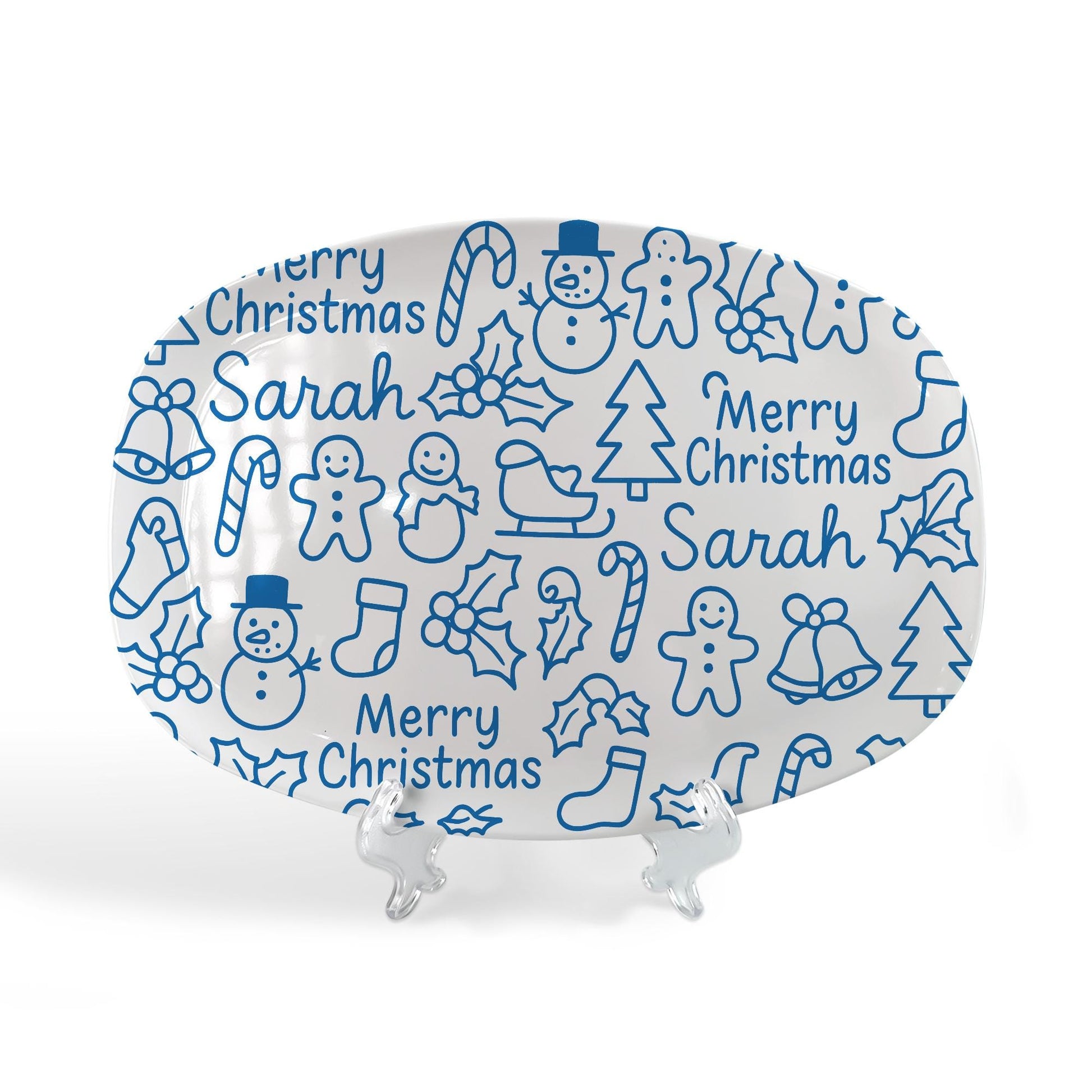 Personalized Christmas Platter: Blue Doodle Holiday Serving Tray
