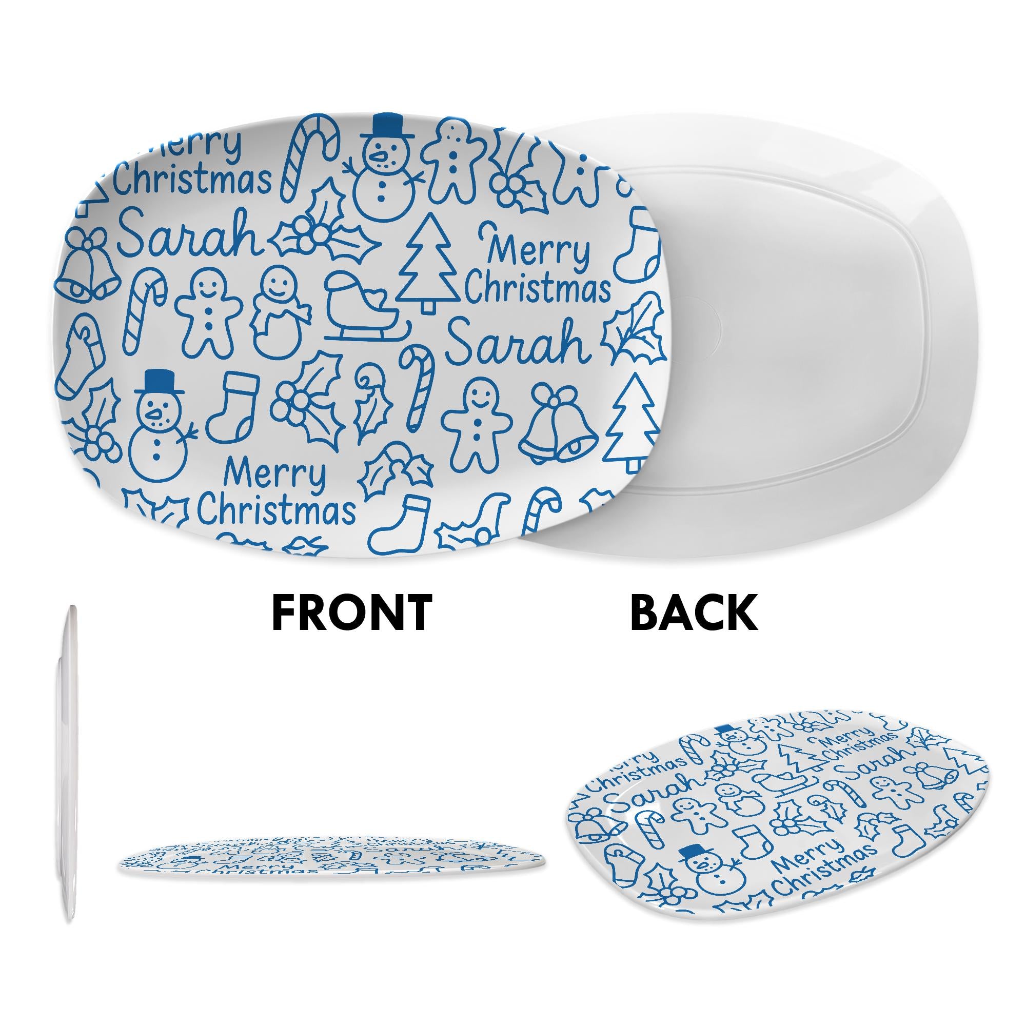 Personalized Christmas Platter: Blue Doodle Holiday Serving Tray