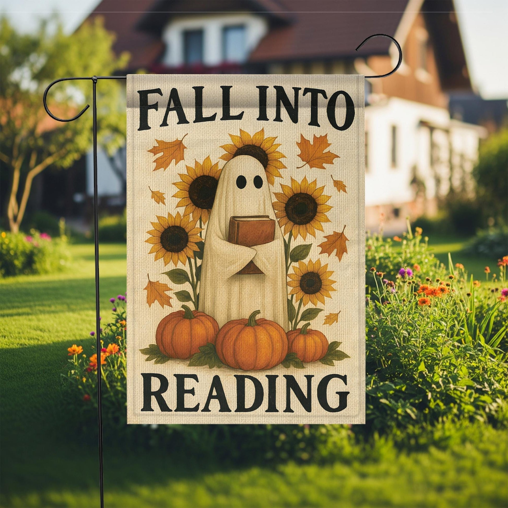 Fall Into Reading Garden Flag, Cute Ghost with Book Decor, Autumn Halloween Flag, Book Lover Gift for Teacher Librarian, Whimsical Porch Art