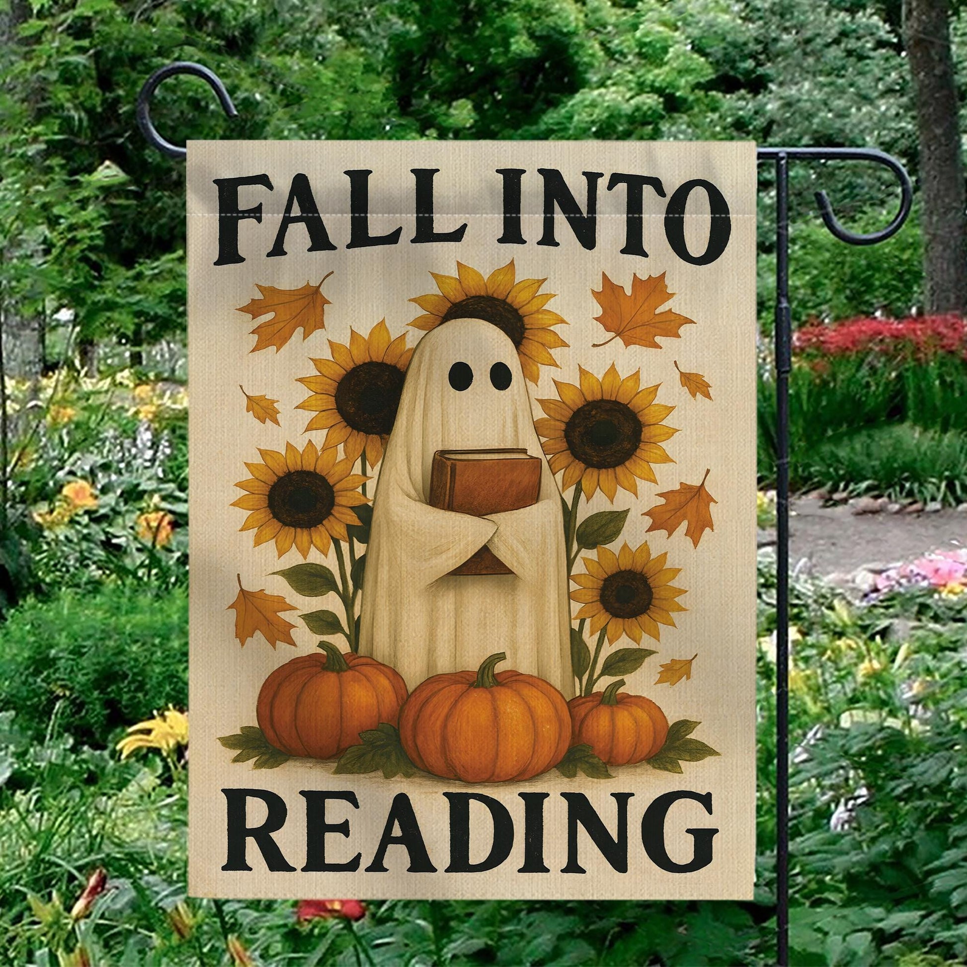 Fall Into Reading Garden Flag, Cute Ghost with Book Decor, Autumn Halloween Flag, Book Lover Gift for Teacher Librarian, Whimsical Porch Art