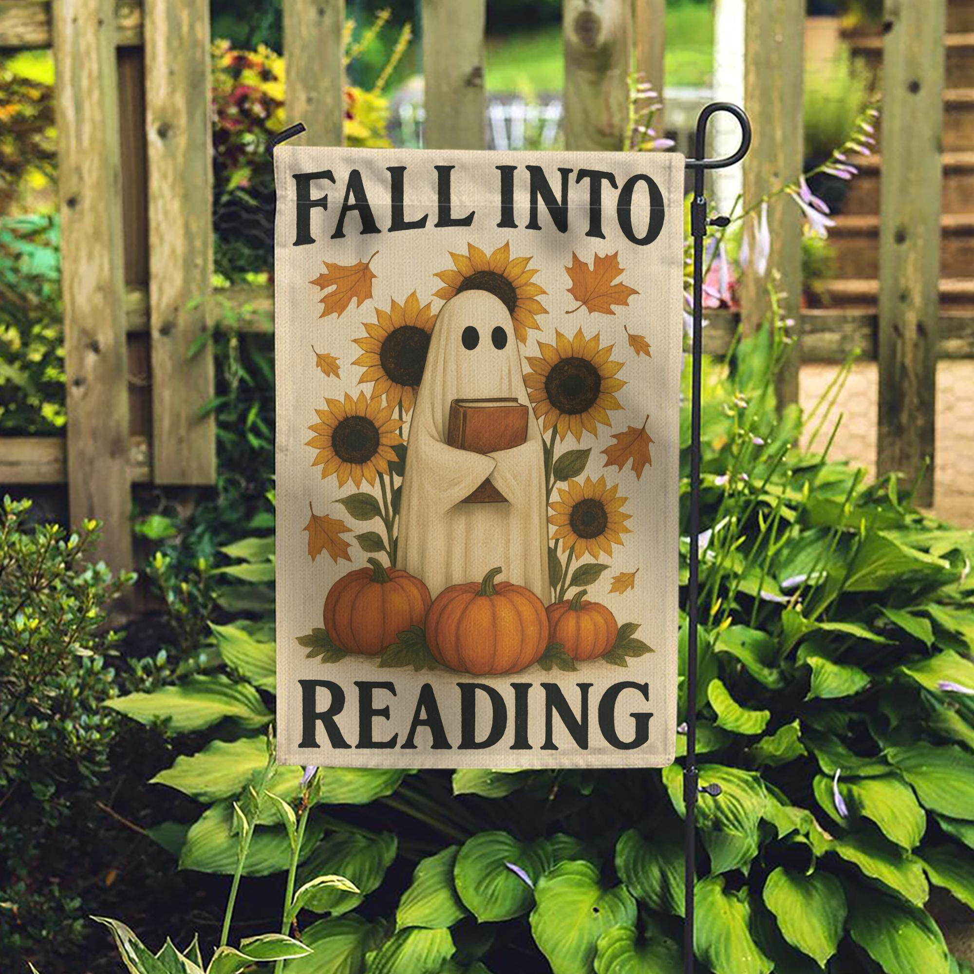 Fall Into Reading Garden Flag, Cute Ghost with Book Decor, Autumn Halloween Flag, Book Lover Gift for Teacher Librarian, Whimsical Porch Art