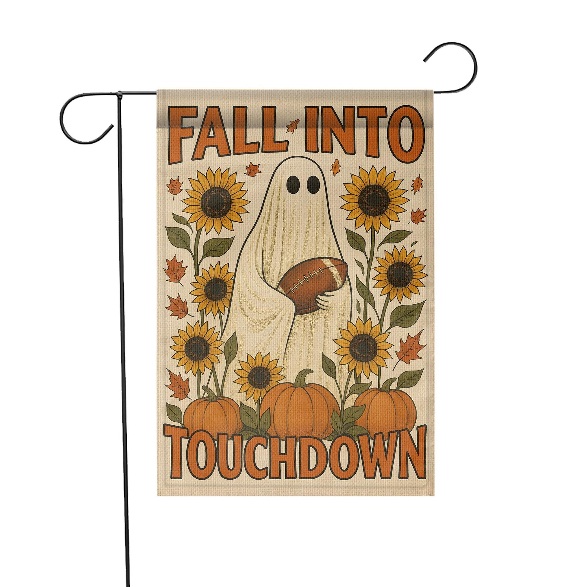 Cute Ghost Football Garden Flag, Fall Into Touchdown Yard Decor, Rustic Autumn Halloween Flag, Pumpkin Sunflower Porch Sign