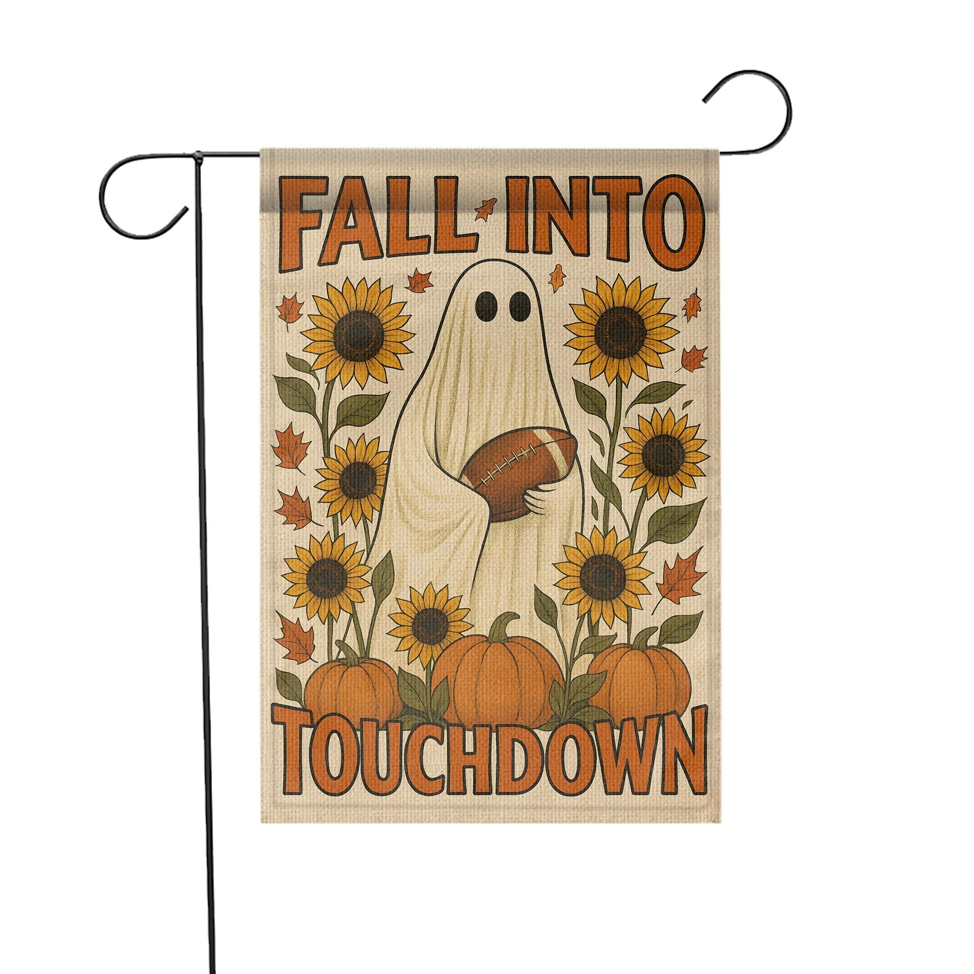 Cute Ghost Football Garden Flag, Fall Into Touchdown Yard Decor, Rustic Autumn Halloween Flag, Pumpkin Sunflower Porch Sign