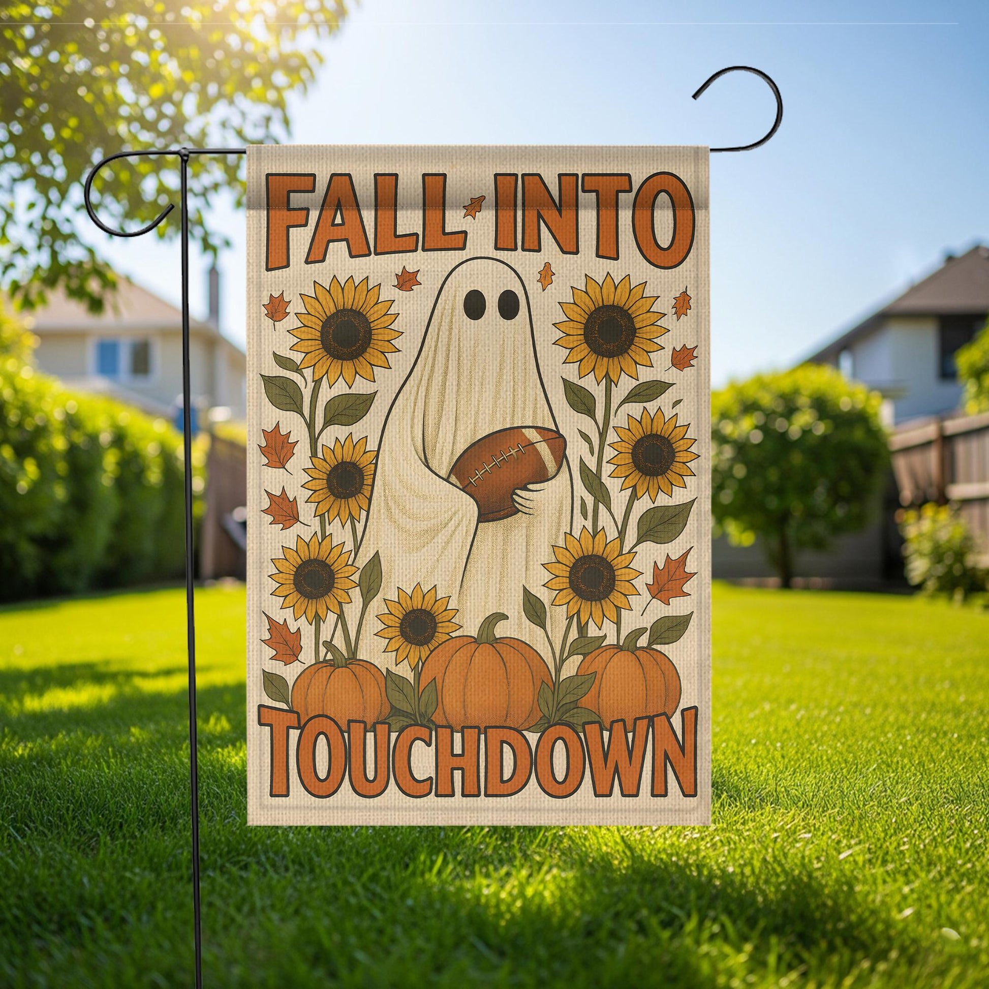 Cute Ghost Football Garden Flag, Fall Into Touchdown Yard Decor, Rustic Autumn Halloween Flag, Pumpkin Sunflower Porch Sign