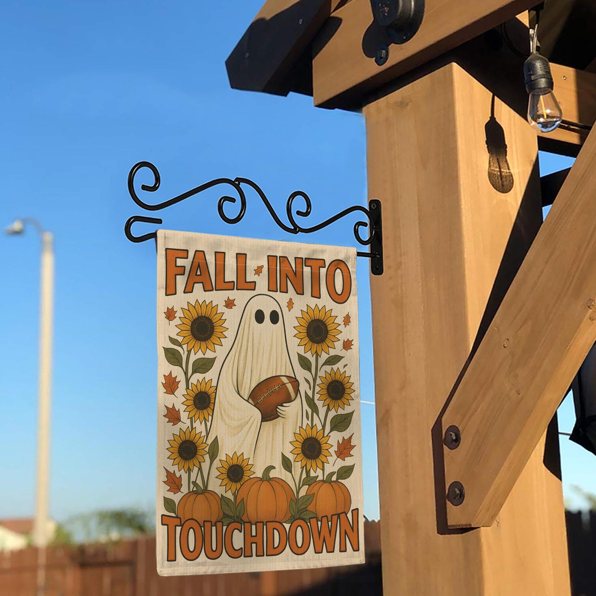 Cute Ghost Football Garden Flag, Fall Into Touchdown Yard Decor, Rustic Autumn Halloween Flag, Pumpkin Sunflower Porch Sign
