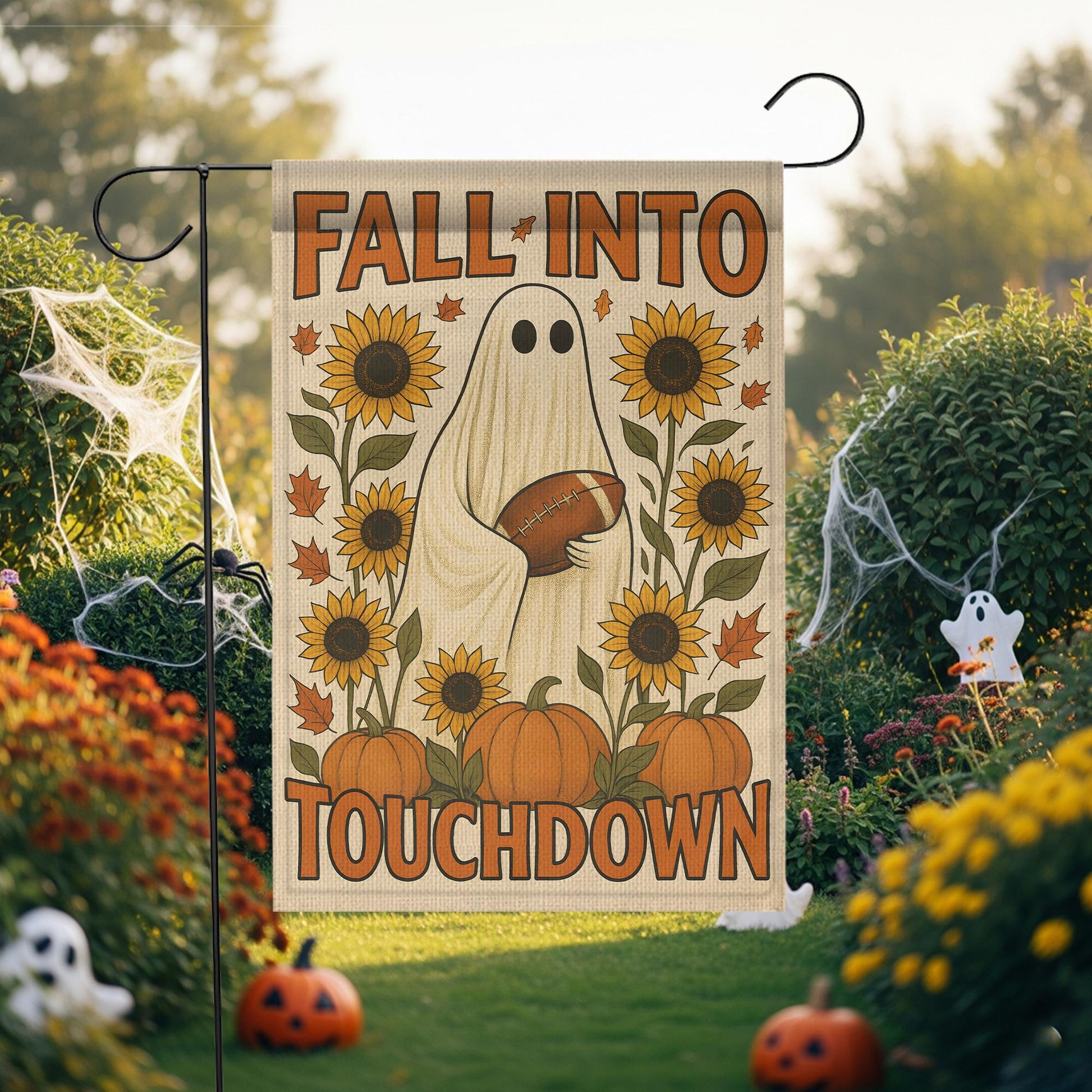 Cute Ghost Football Garden Flag, Fall Into Touchdown Yard Decor, Rustic Autumn Halloween Flag, Pumpkin Sunflower Porch Sign