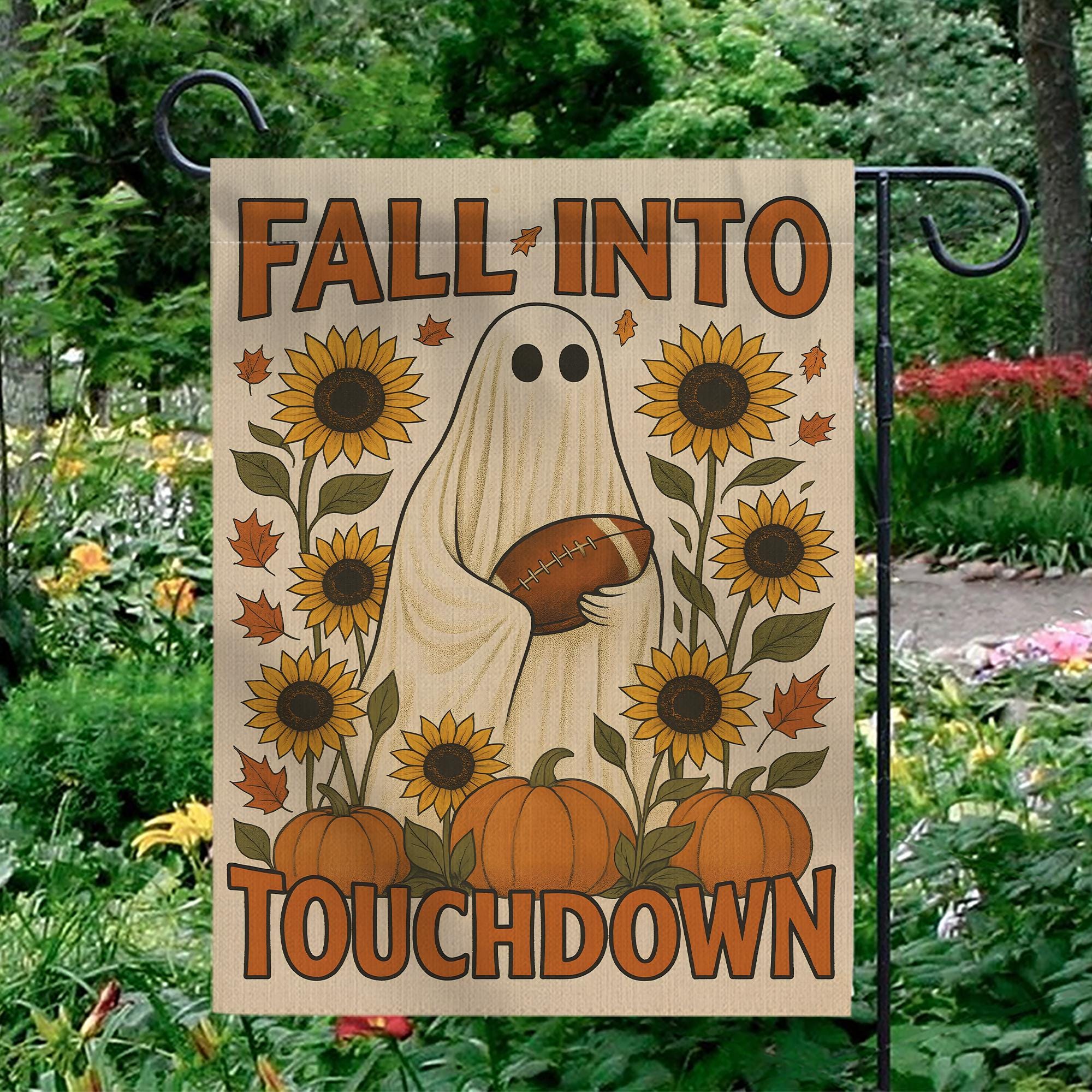 Cute Ghost Football Garden Flag, Fall Into Touchdown Yard Decor, Rustic Autumn Halloween Flag, Pumpkin Sunflower Porch Sign