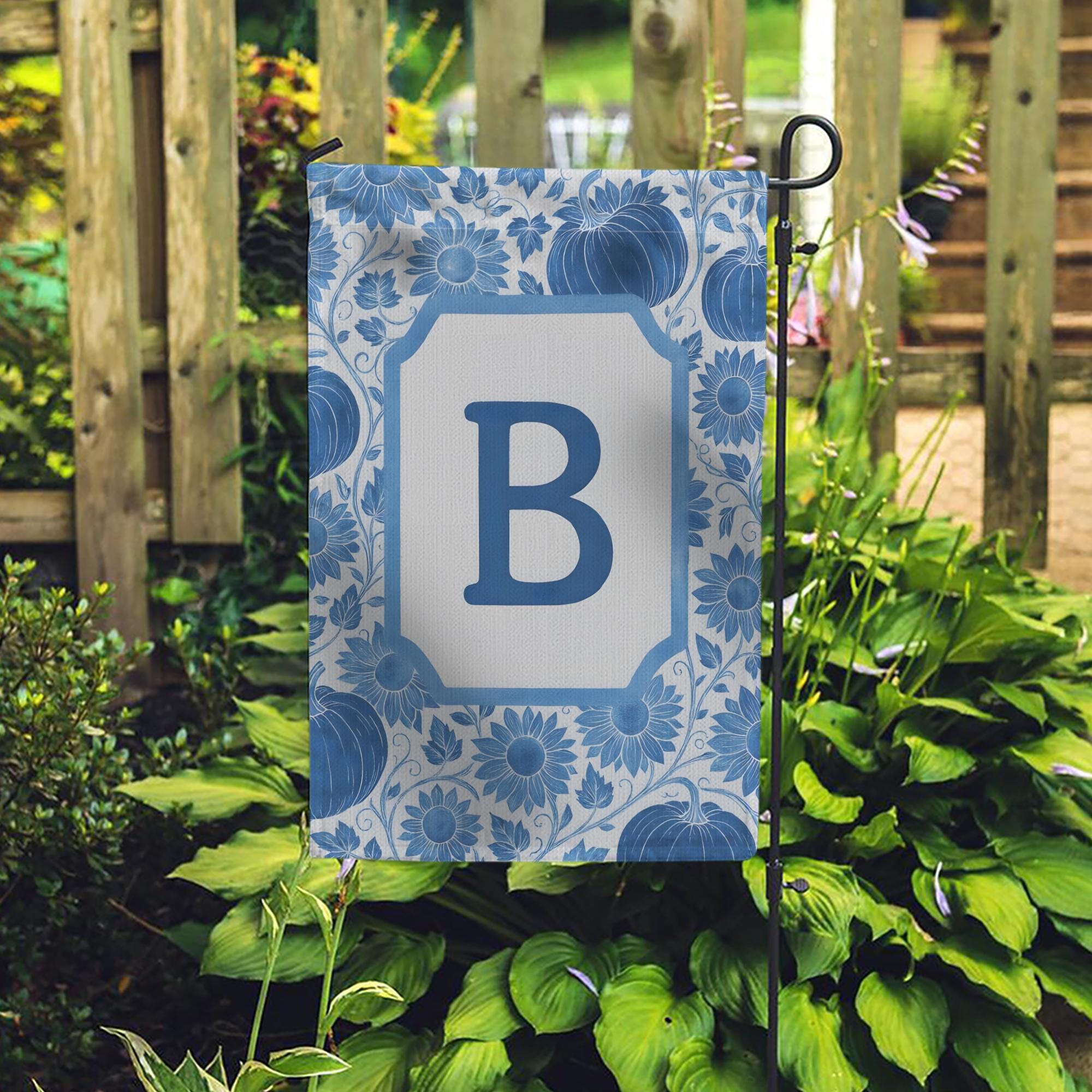 Personalized Fall Garden Flag: Blue Pumpkin Sunflower Monogram Decor