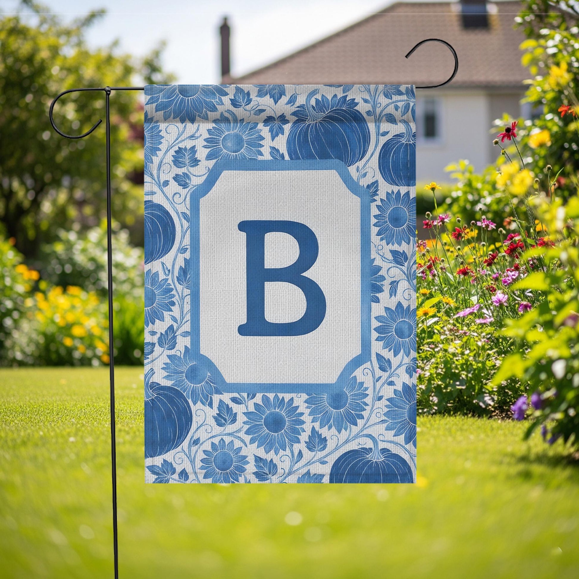 Personalized Fall Garden Flag: Blue Pumpkin Sunflower Monogram Decor