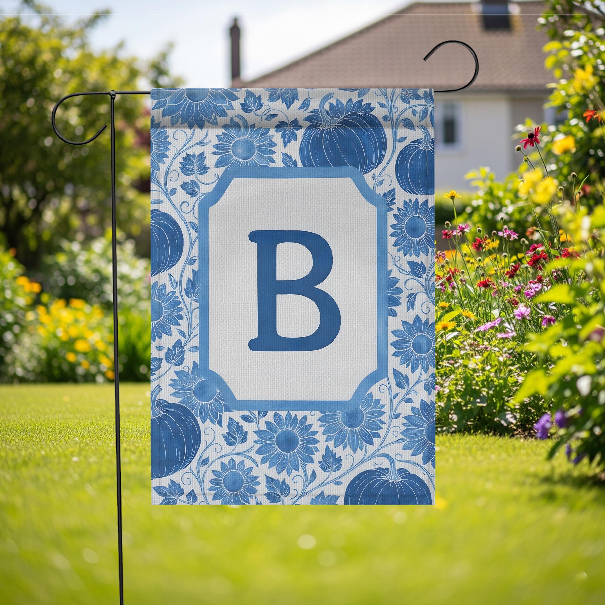 Personalized Fall Garden Flag: Blue Pumpkin Sunflower Monogram Decor