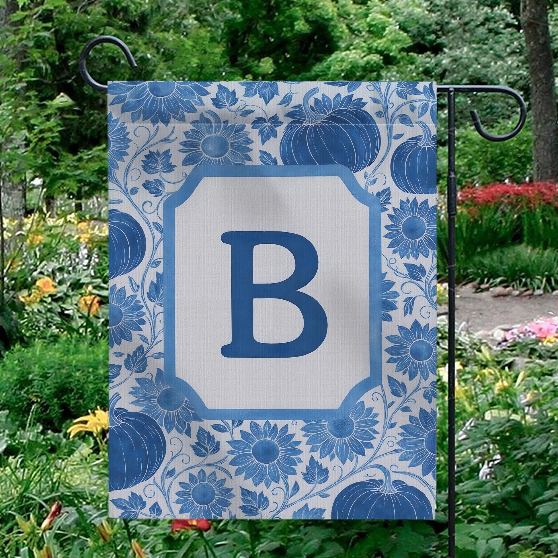 Personalized Fall Garden Flag: Blue Pumpkin Sunflower Monogram Decor