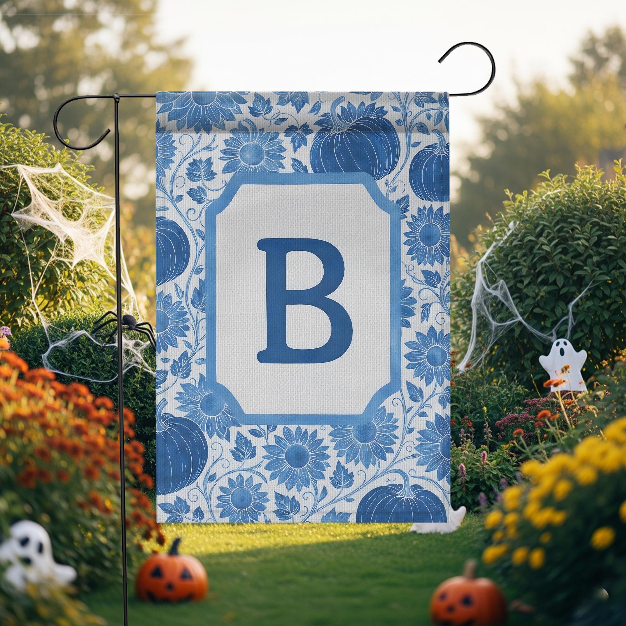 Personalized Fall Garden Flag: Blue Pumpkin Sunflower Monogram Decor
