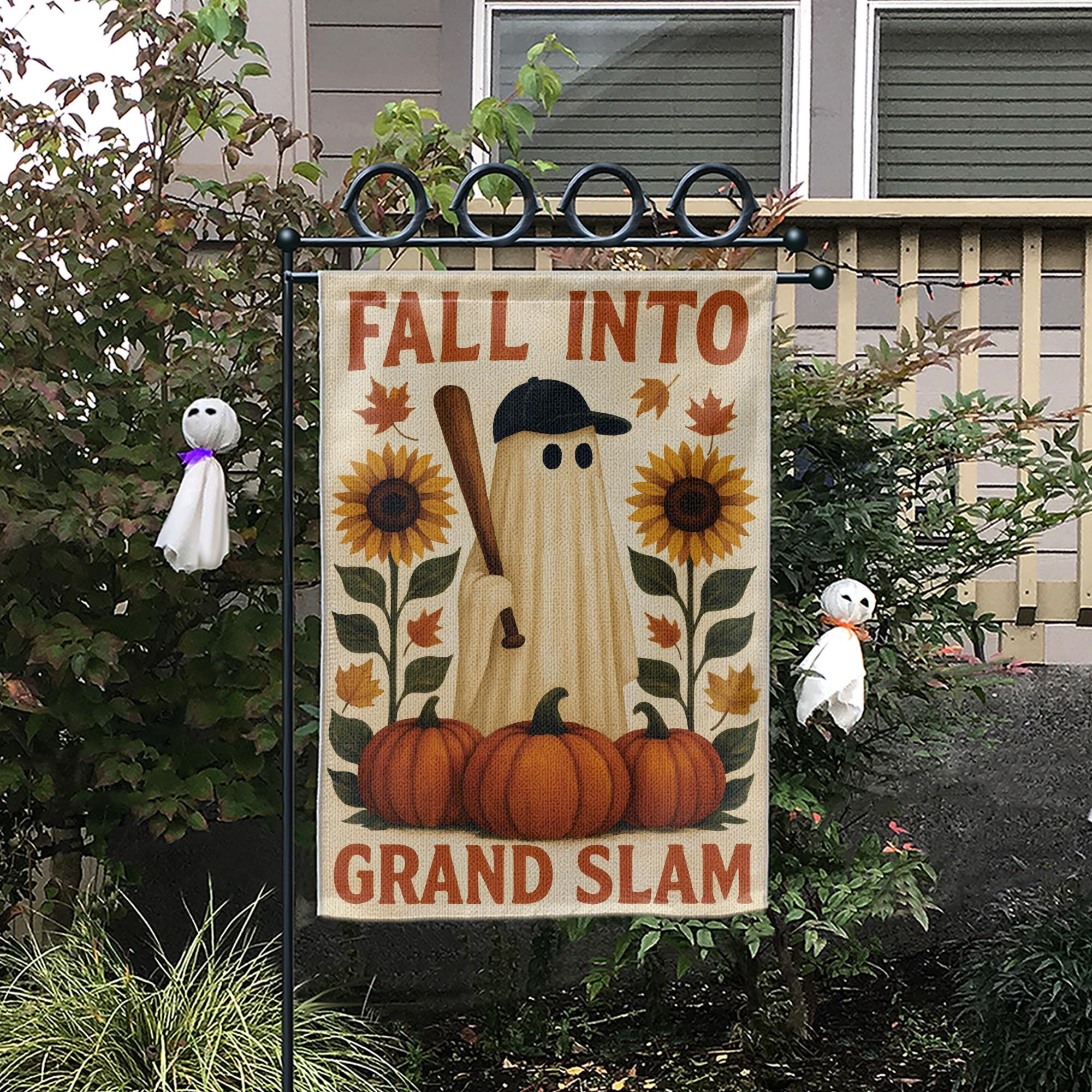 Fall Ghost Baseball Garden Flag: Spooky Autumn Decor