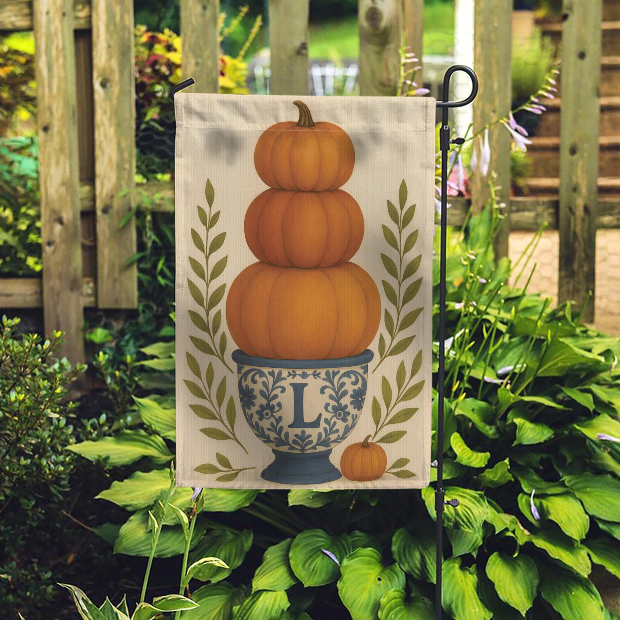 Personalized Fall Garden Flag: Monogram Pumpkin Topiary, Autumn Porch Decor