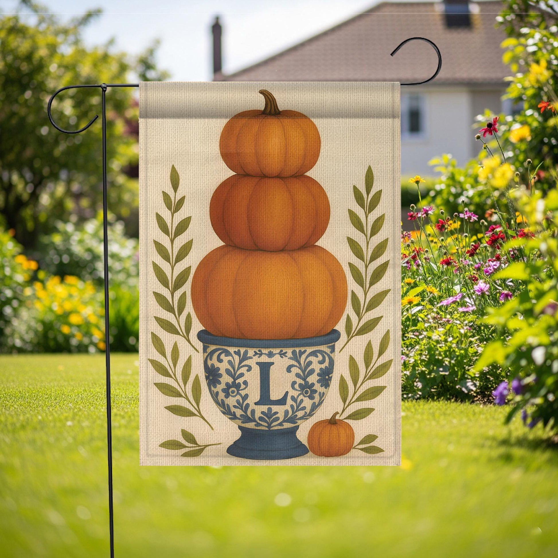 Personalized Fall Garden Flag: Monogram Pumpkin Topiary, Autumn Porch Decor