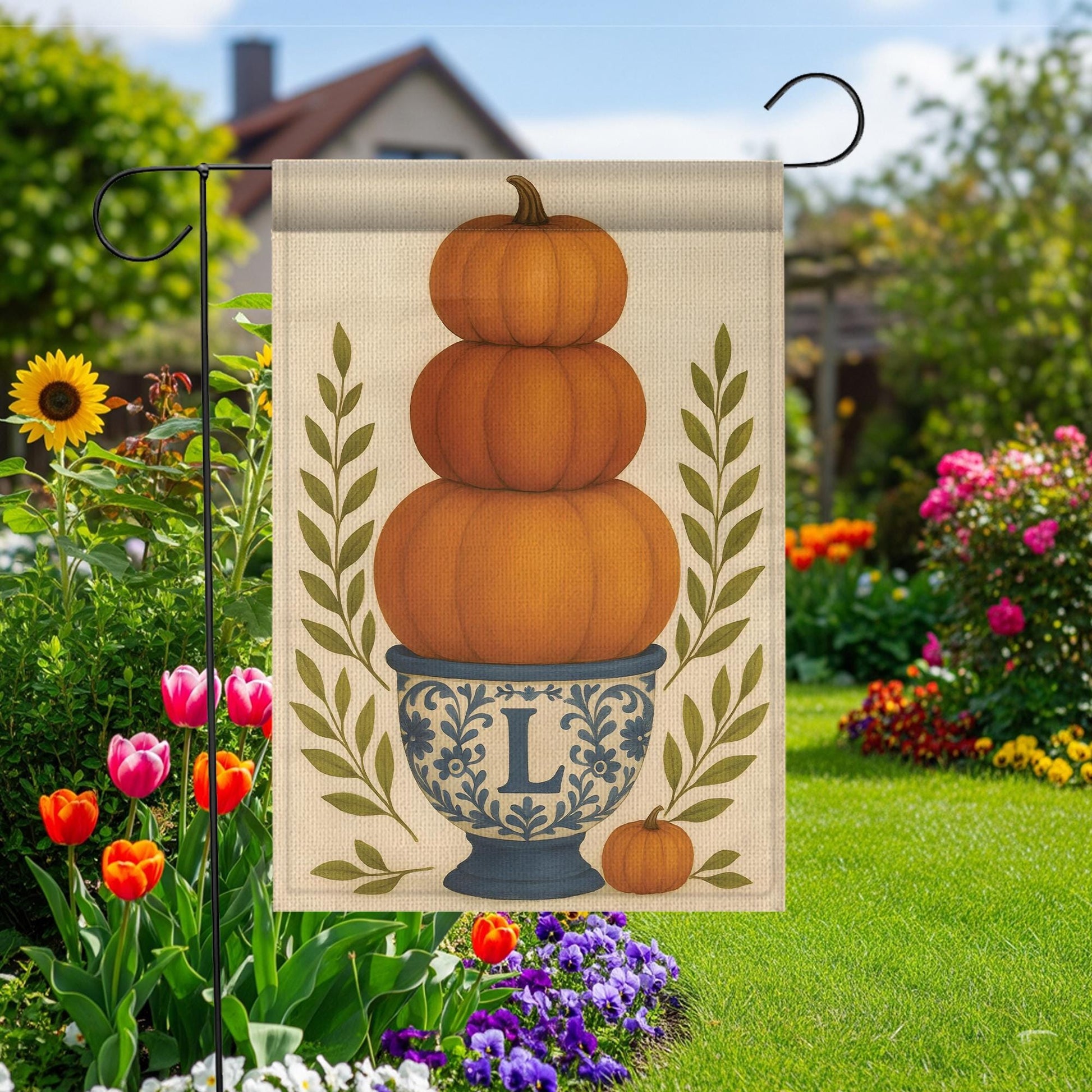 Personalized Fall Garden Flag: Monogram Pumpkin Topiary, Autumn Porch Decor