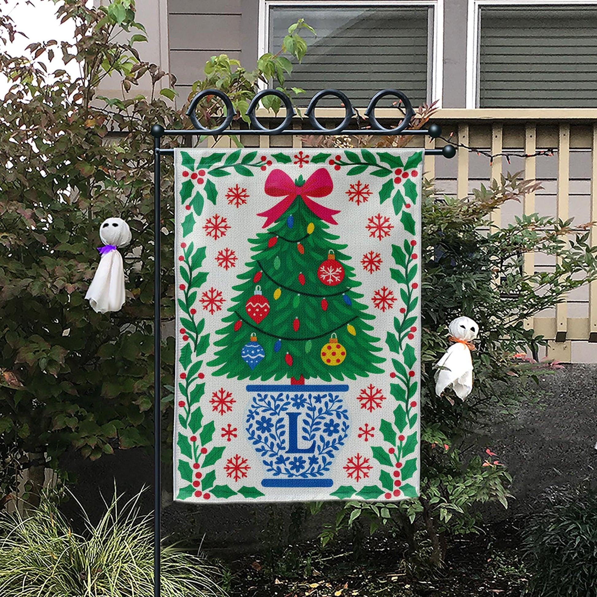Personalized Chinoiserie Christmas Garden Flag: Blue & White Holiday Decor