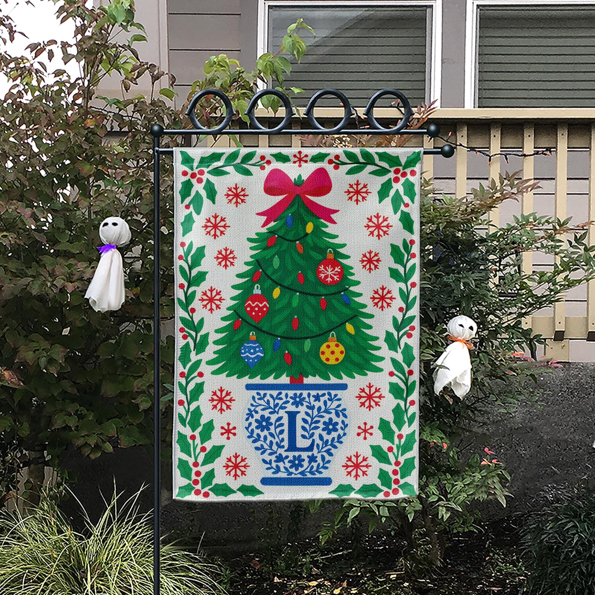 Personalized Chinoiserie Christmas Garden Flag: Blue & White Holiday Decor