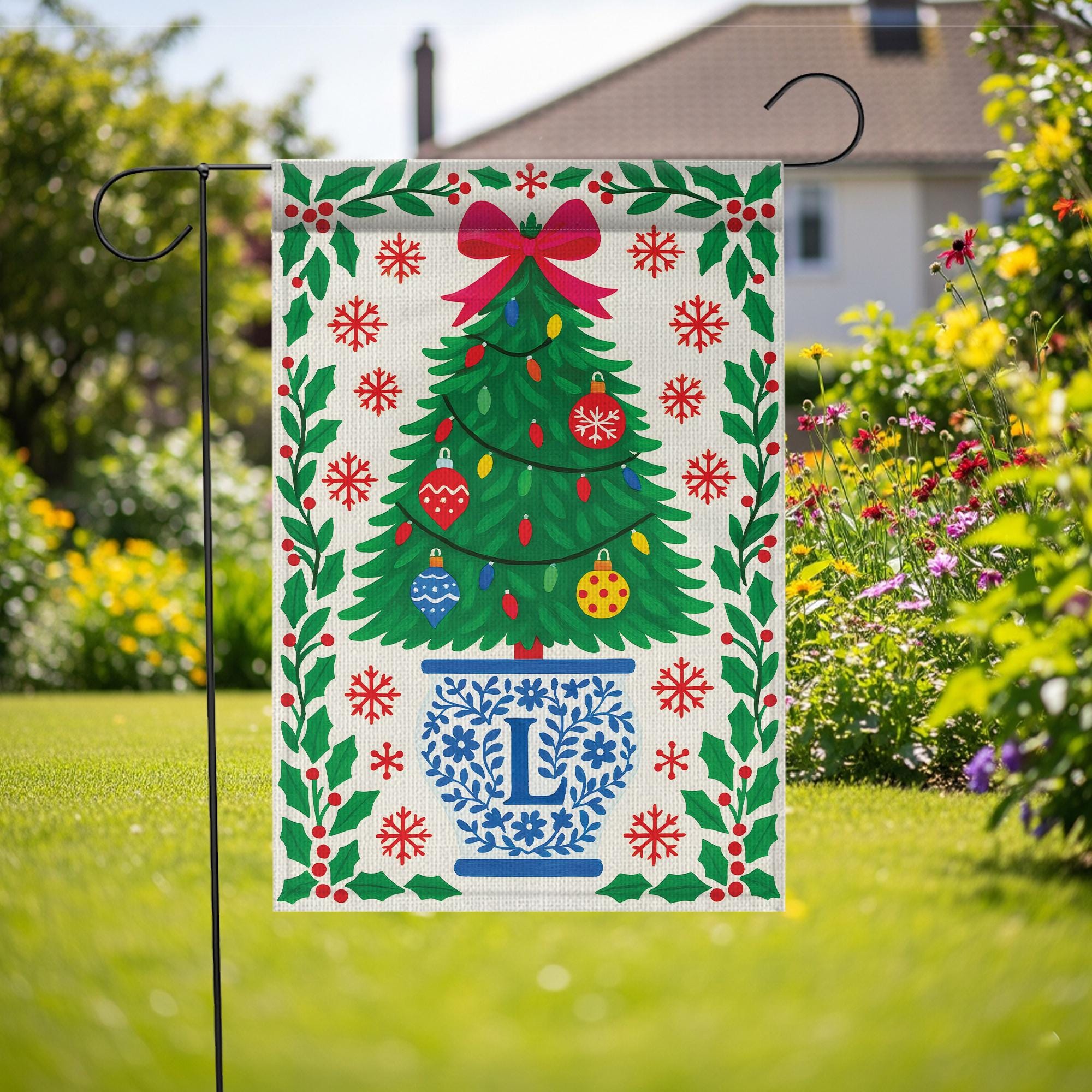 Personalized Chinoiserie Christmas Garden Flag: Blue & White Holiday Decor