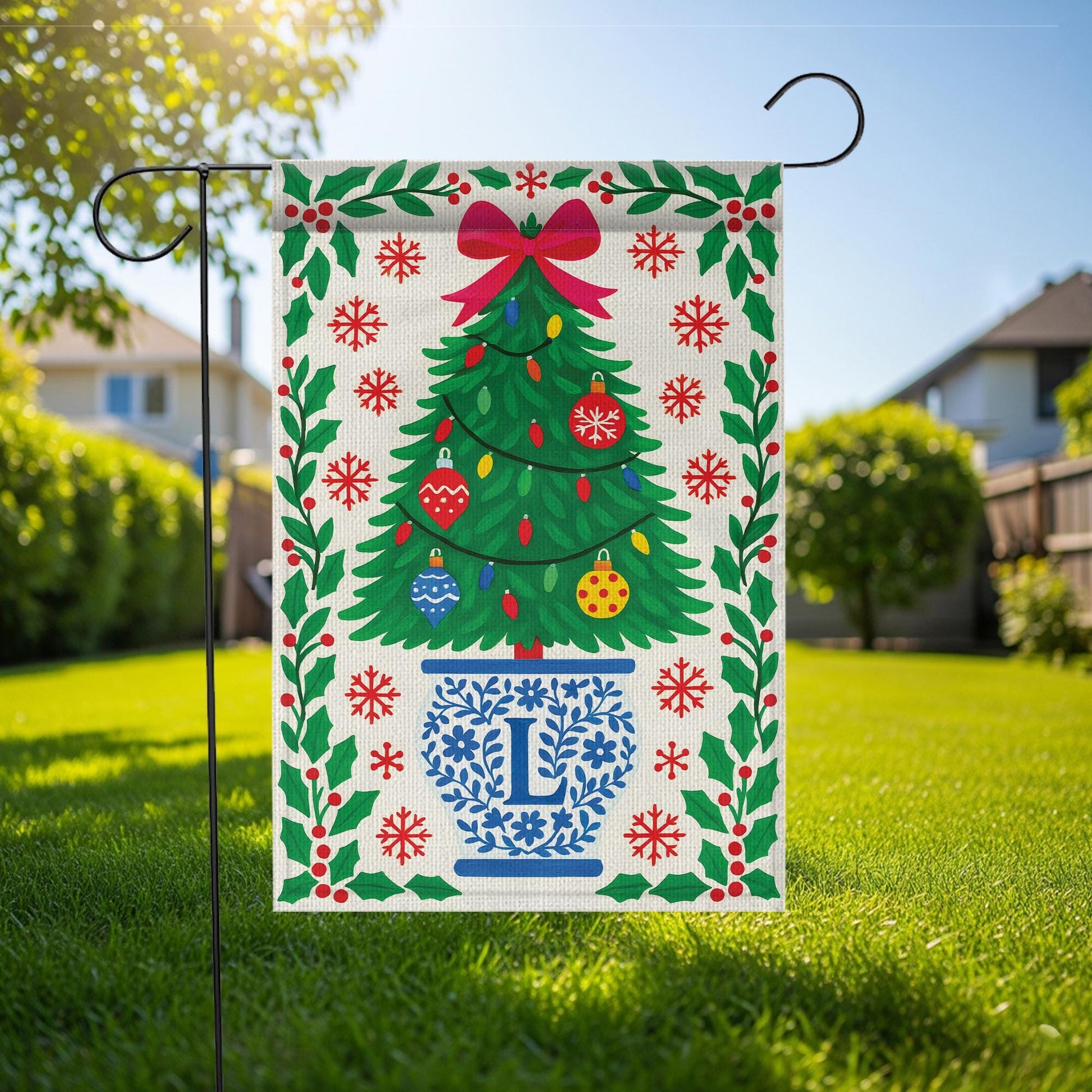 Personalized Chinoiserie Christmas Garden Flag: Blue & White Holiday Decor