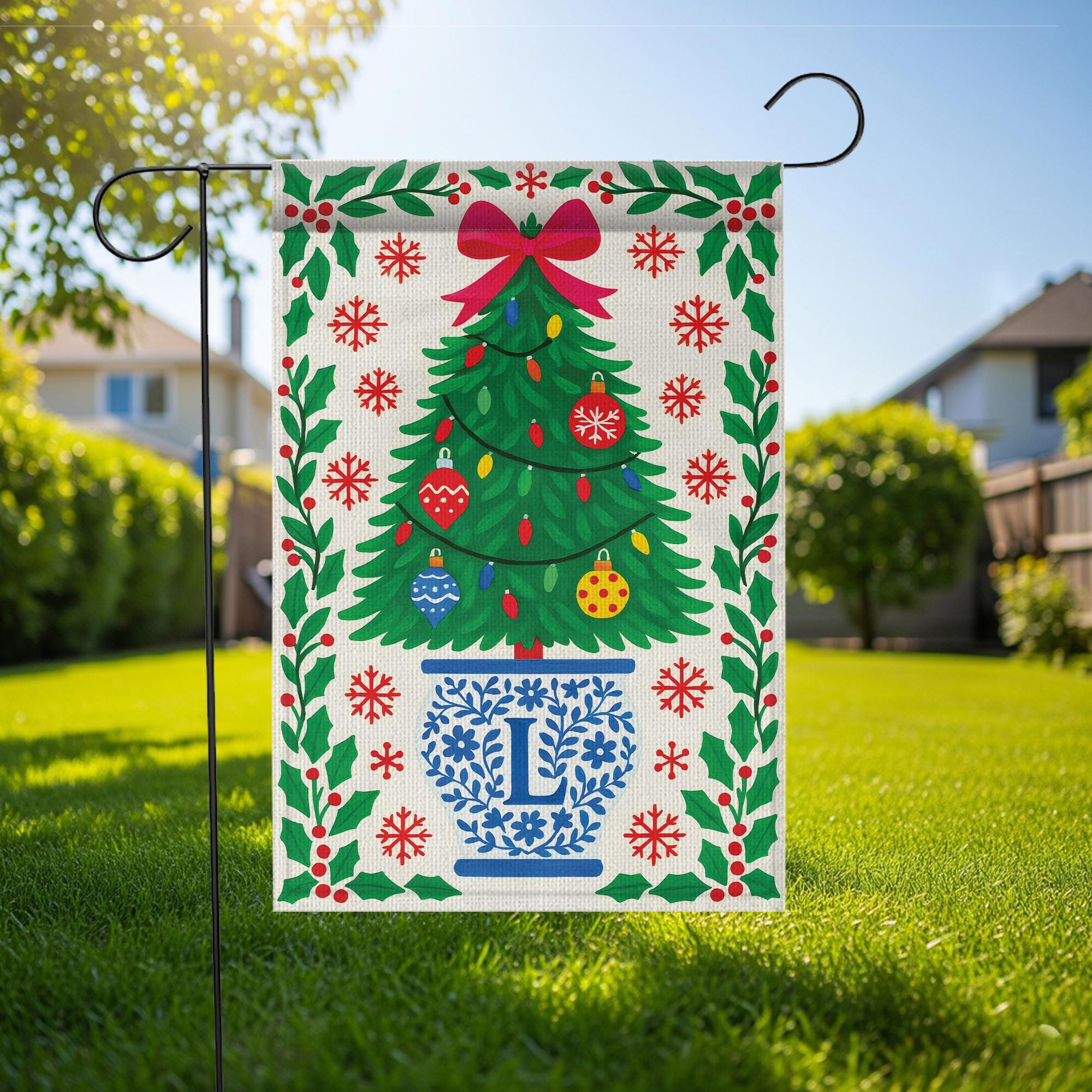 Personalized Chinoiserie Christmas Garden Flag: Blue & White Holiday Decor