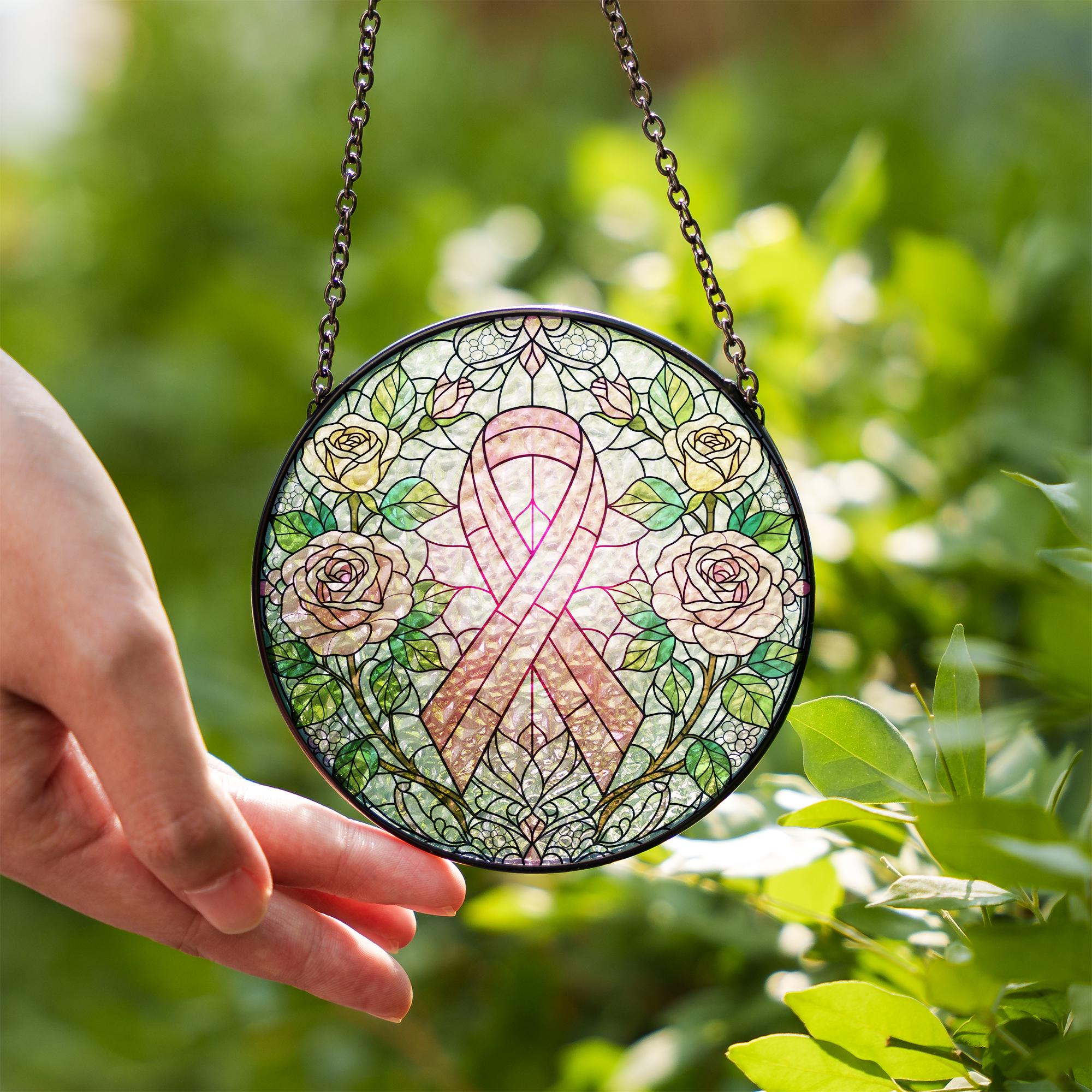 Breast Cancer Suncatcher – Pink Ribbon Glass Window Decor Warrior Gift