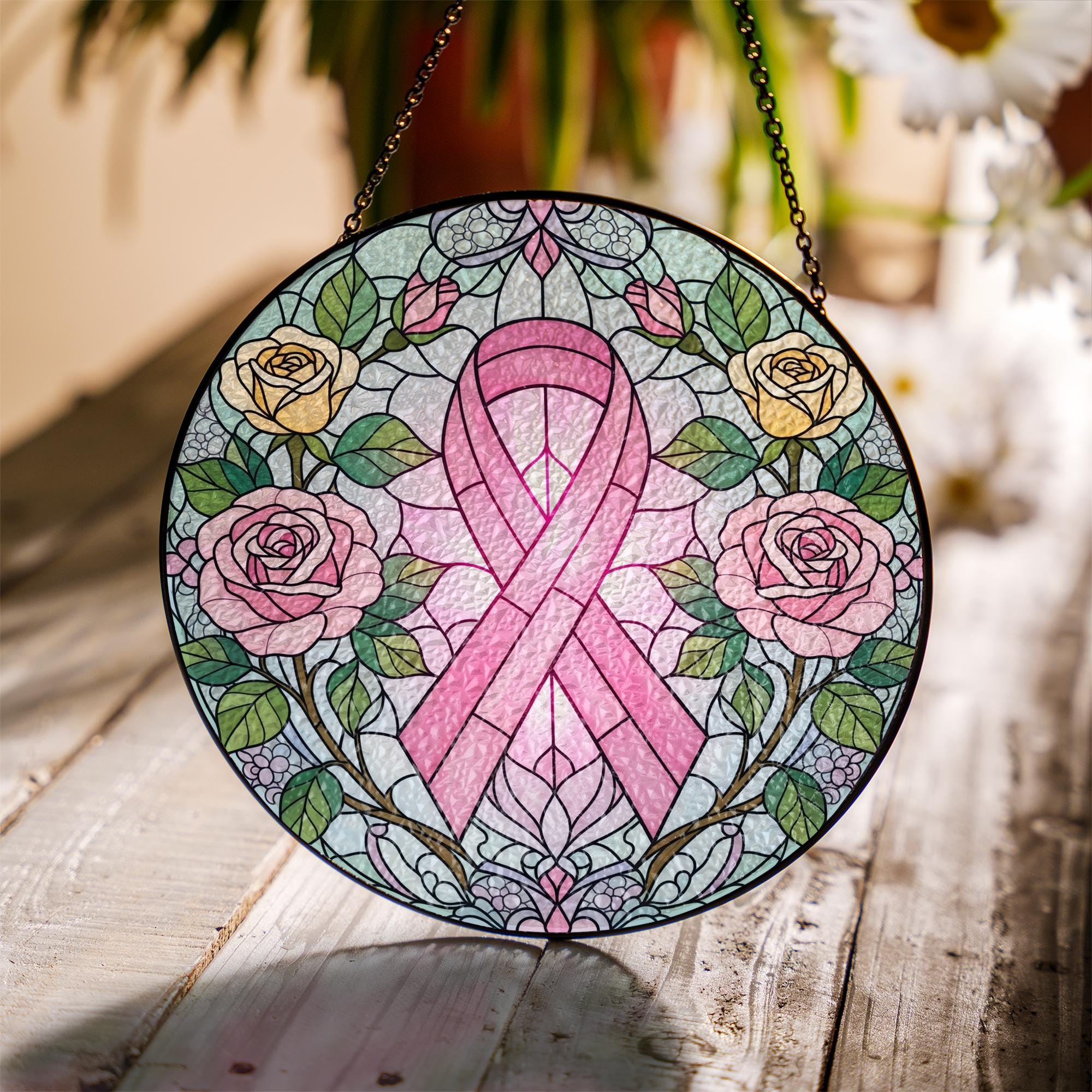Breast Cancer Suncatcher – Pink Ribbon Glass Window Decor Warrior Gift