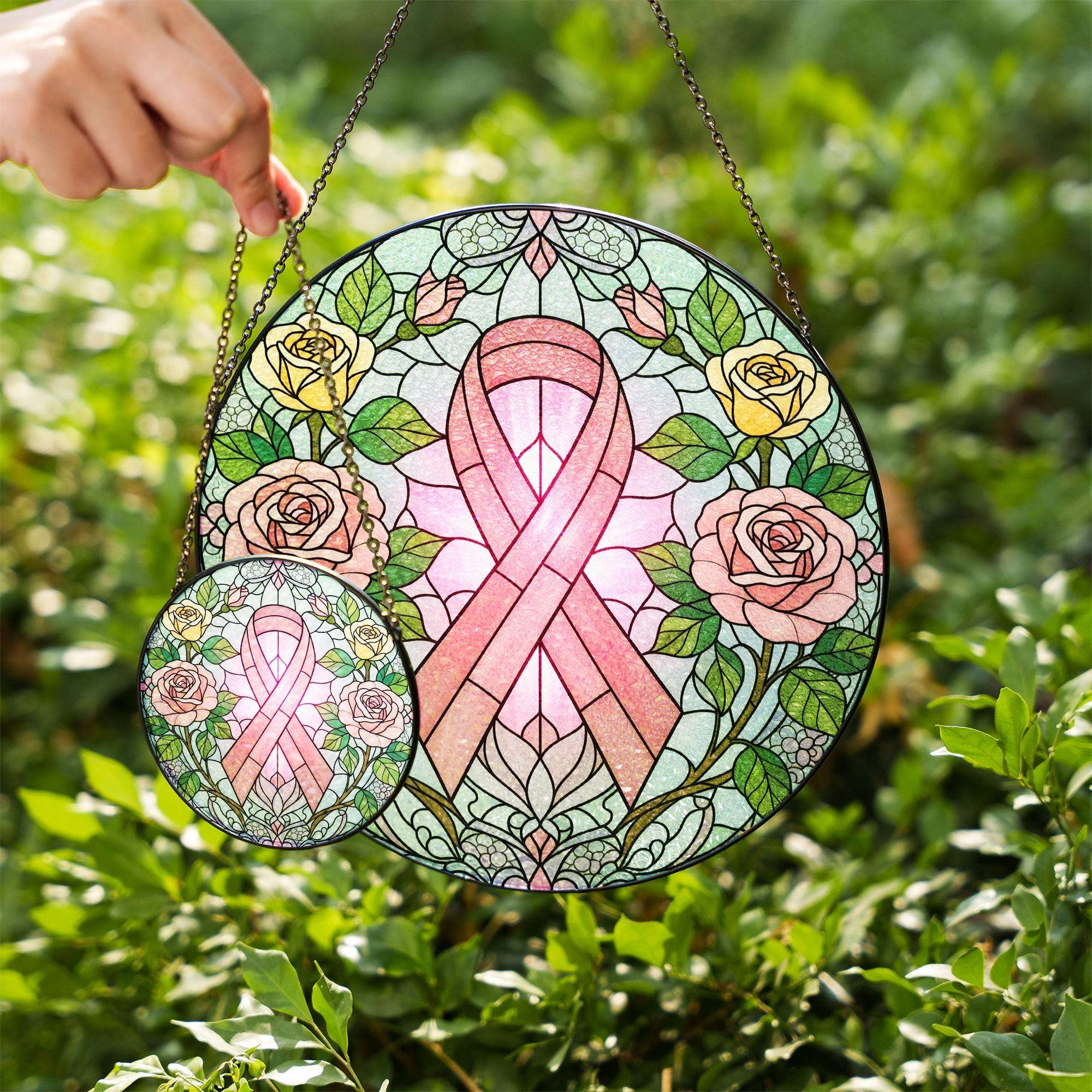 Breast Cancer Suncatcher – Pink Ribbon Glass Window Decor Warrior Gift