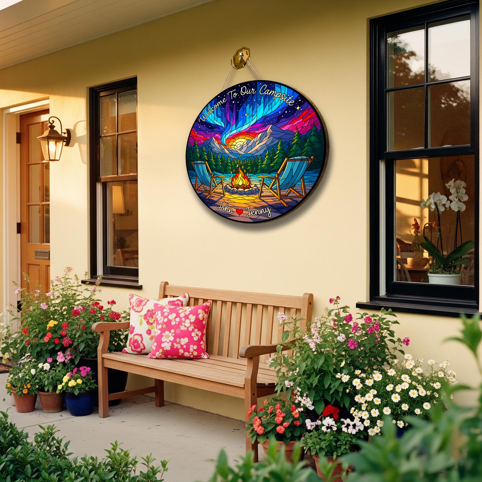 Personalized Camping Sign: Northern Lights RV Decor, Custom Campsite Door Hanger