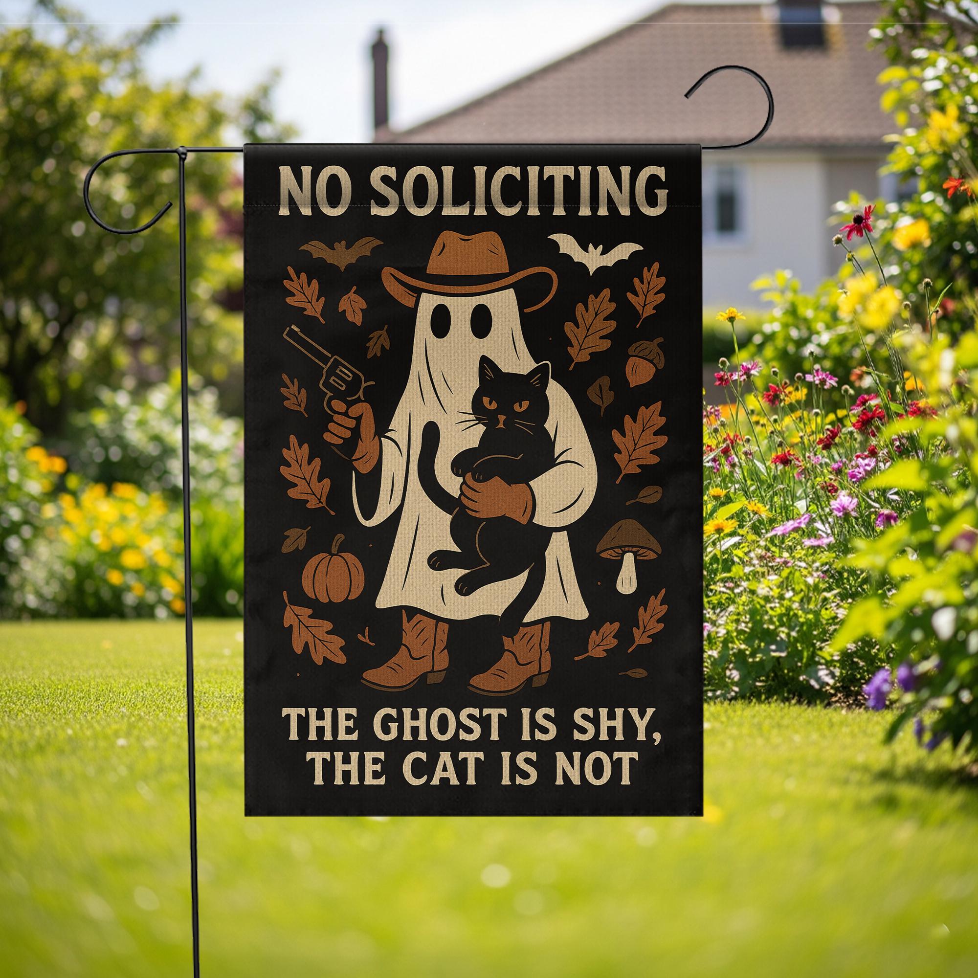 No Soliciting Flag – Funny Halloween Ghost and Cat Garden Yard Decor