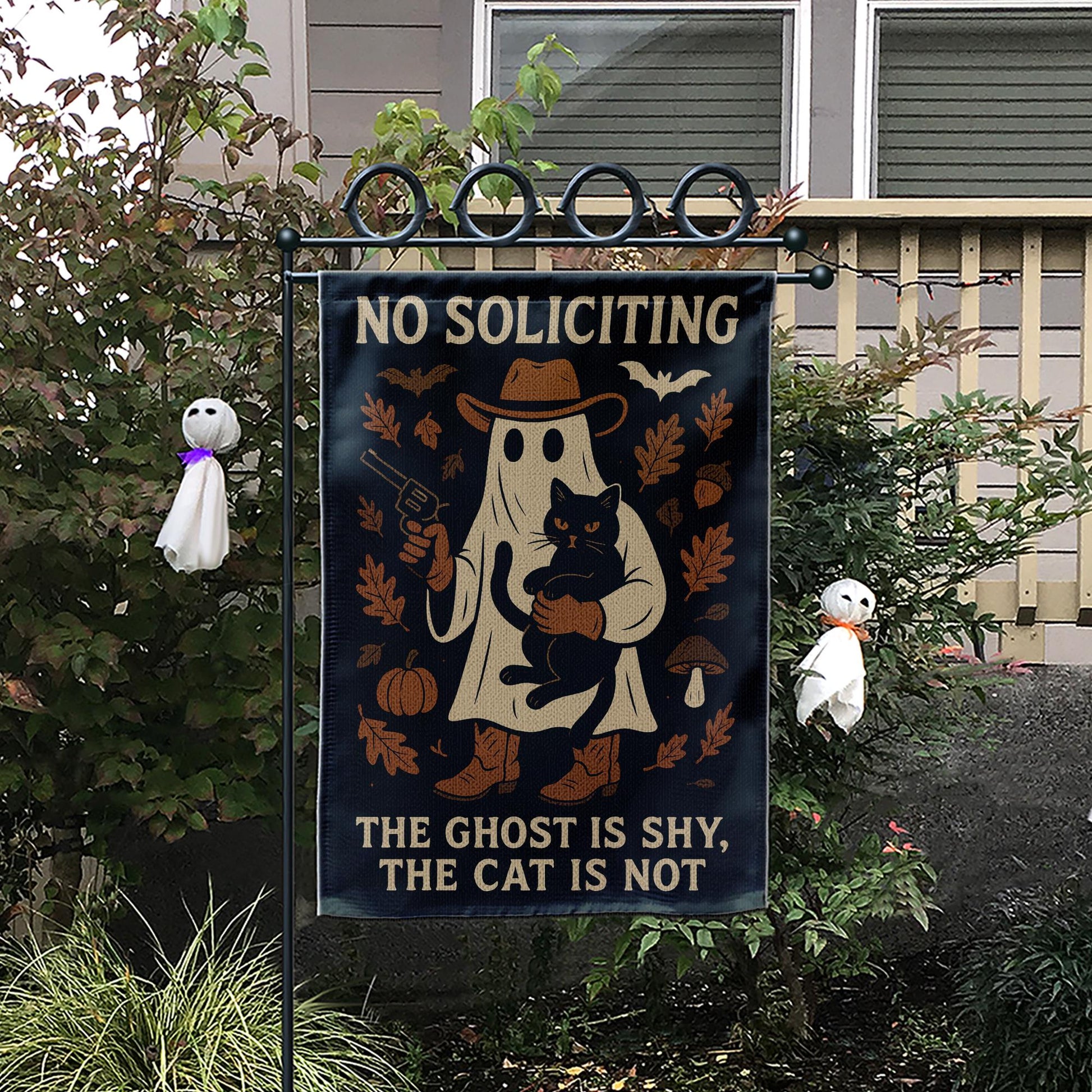 No Soliciting Flag – Funny Halloween Ghost and Cat Garden Yard Decor