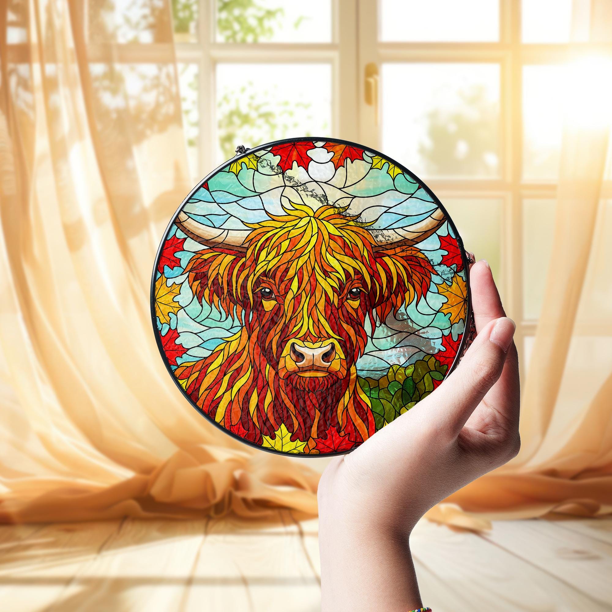Highland Cow Glass Suncatcher: Fall Maple Leaf Window Decor