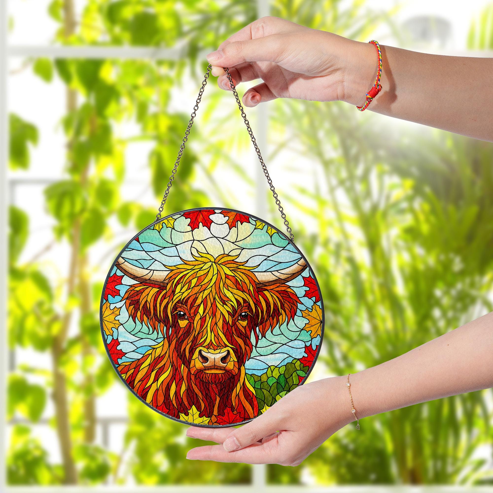 Highland Cow Glass Suncatcher: Fall Maple Leaf Window Decor