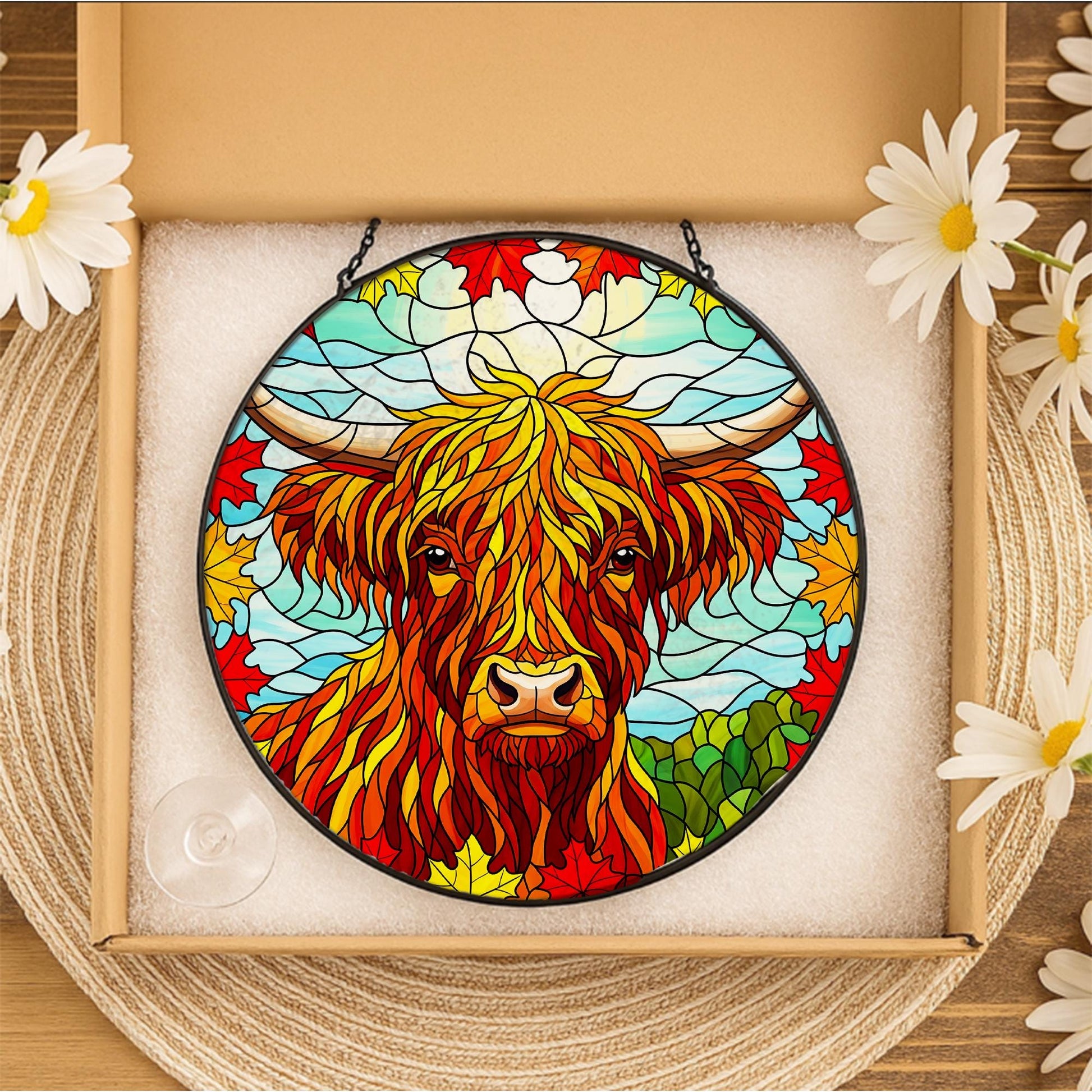 Highland Cow Glass Suncatcher: Fall Maple Leaf Window Decor