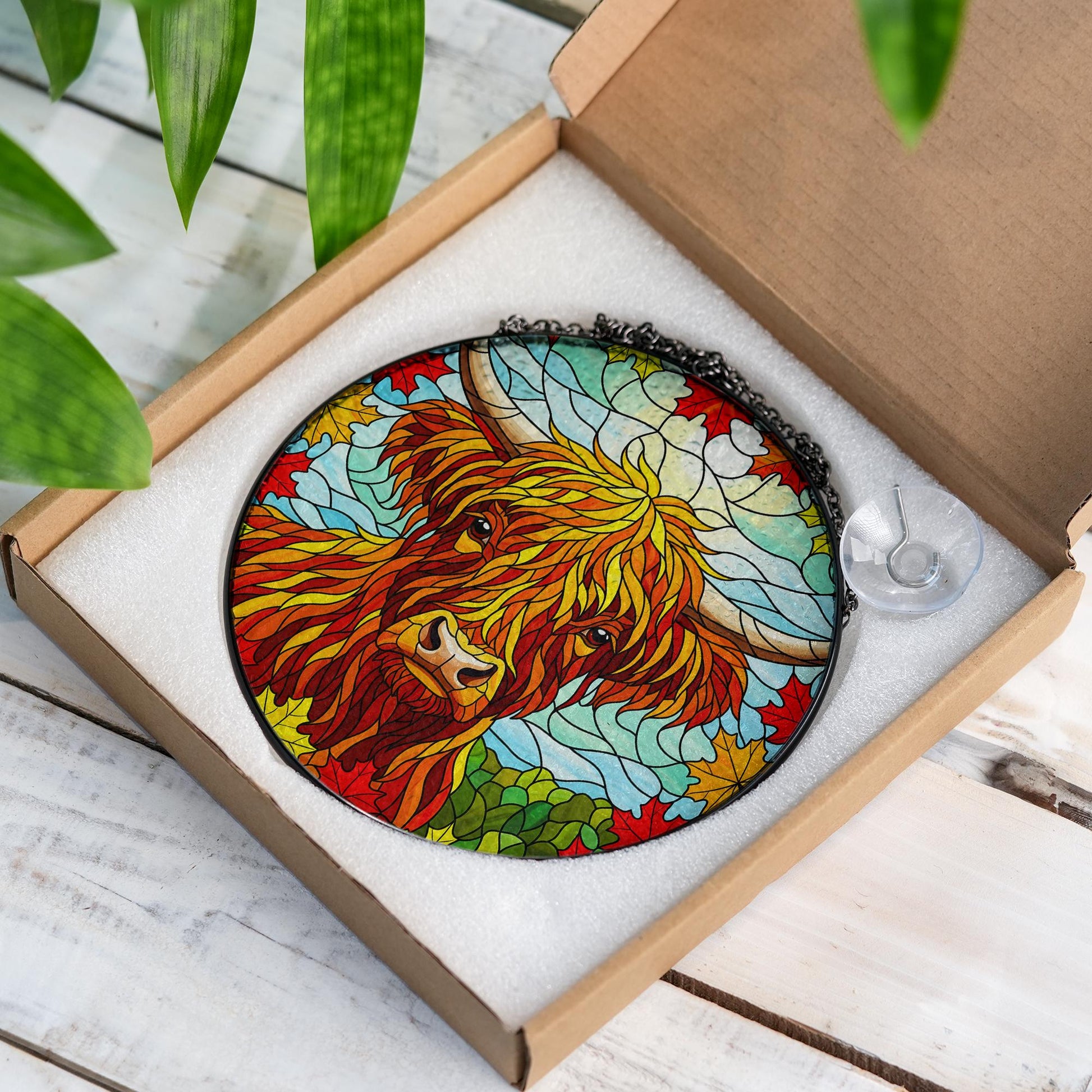 Highland Cow Glass Suncatcher: Fall Maple Leaf Window Decor