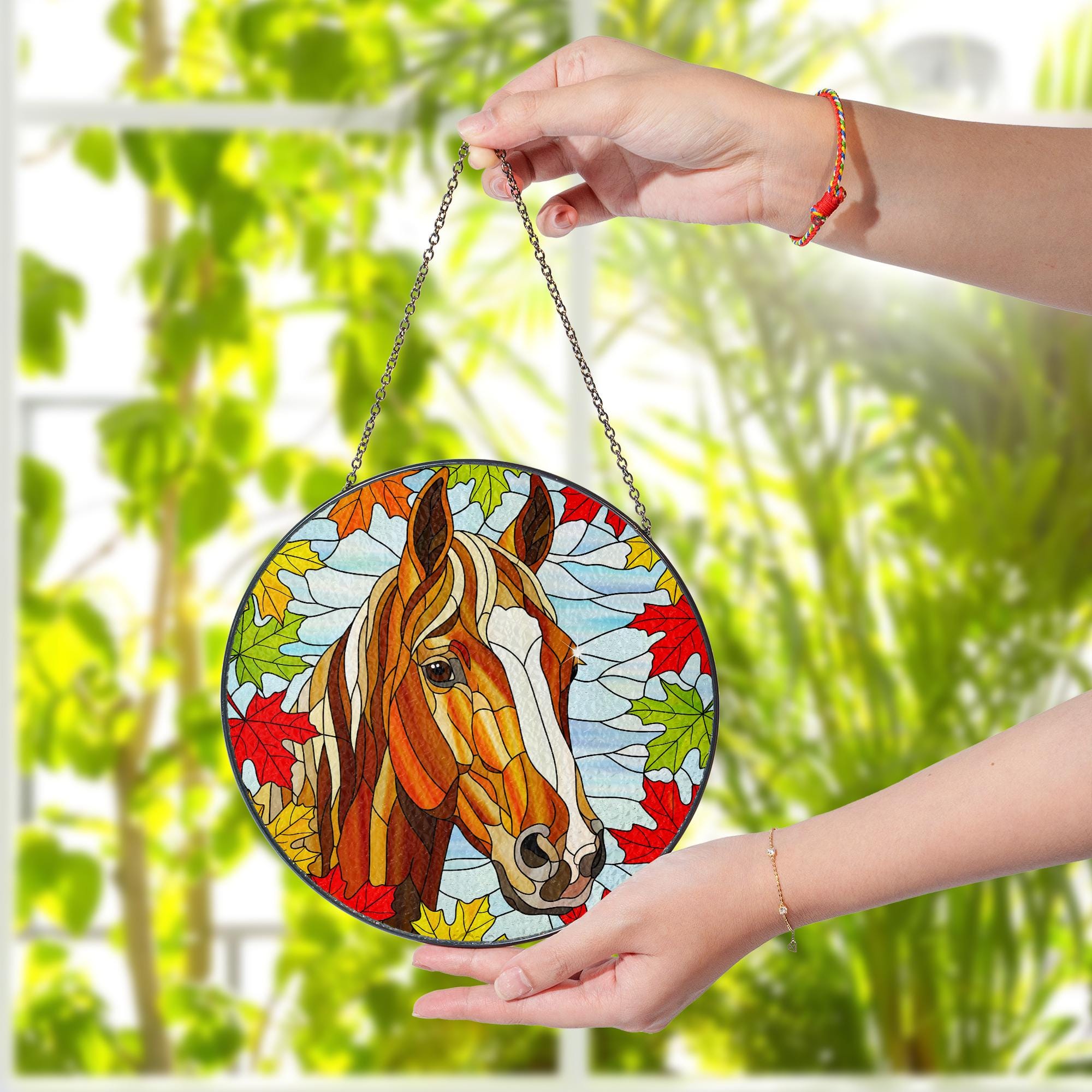 Horse Suncatcher with Autumn Maple Leaves: Equestrian Fall Decor