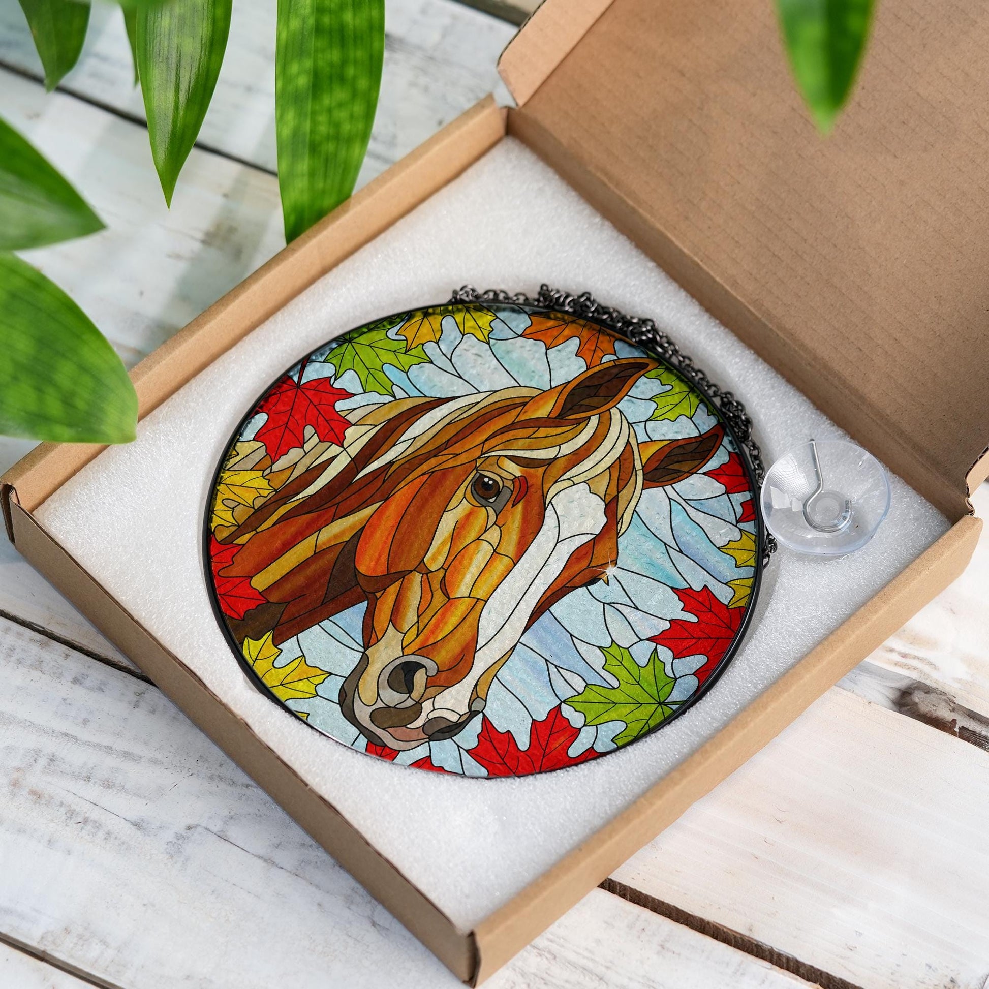 Horse Suncatcher with Autumn Maple Leaves: Equestrian Fall Decor